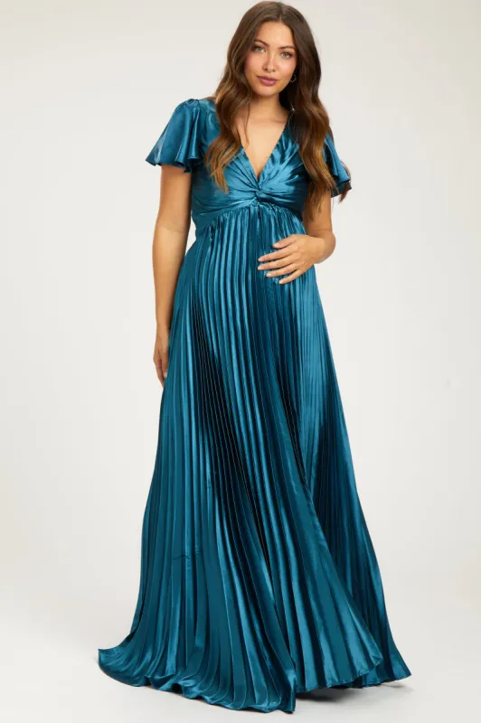 Teal Short Sleeve Pleated Tie Back Maternity Maxi Dress sold by Pinkblush