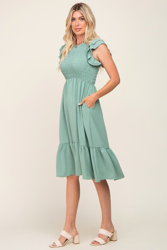 Sage Smocked Layered Ruffle Flutter Sleeve Midi Dress sold by Pinkblush product image thumbnail 2