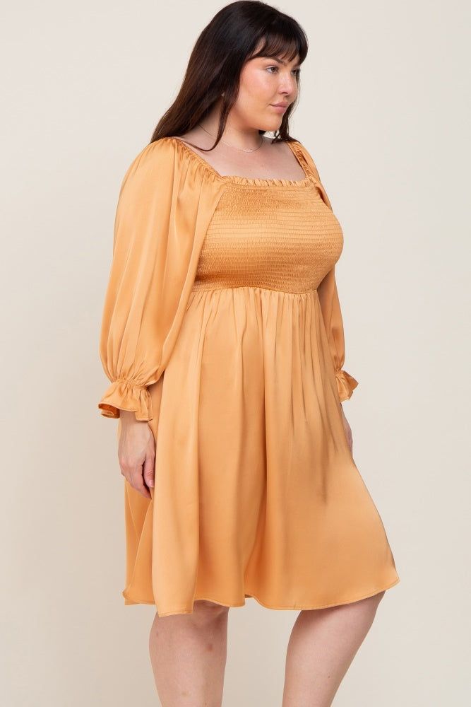 Camel Satin Smocked Square Neck Plus Dress sold by Pinkblush product image thumbnail 2