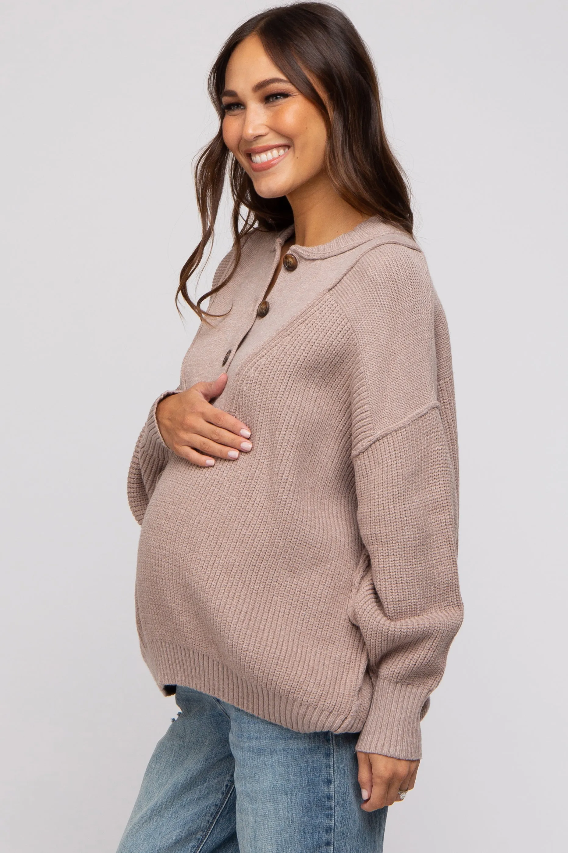 Beige Half Button Up Maternity Sweater sold by Pinkblush product image thumbnail 2