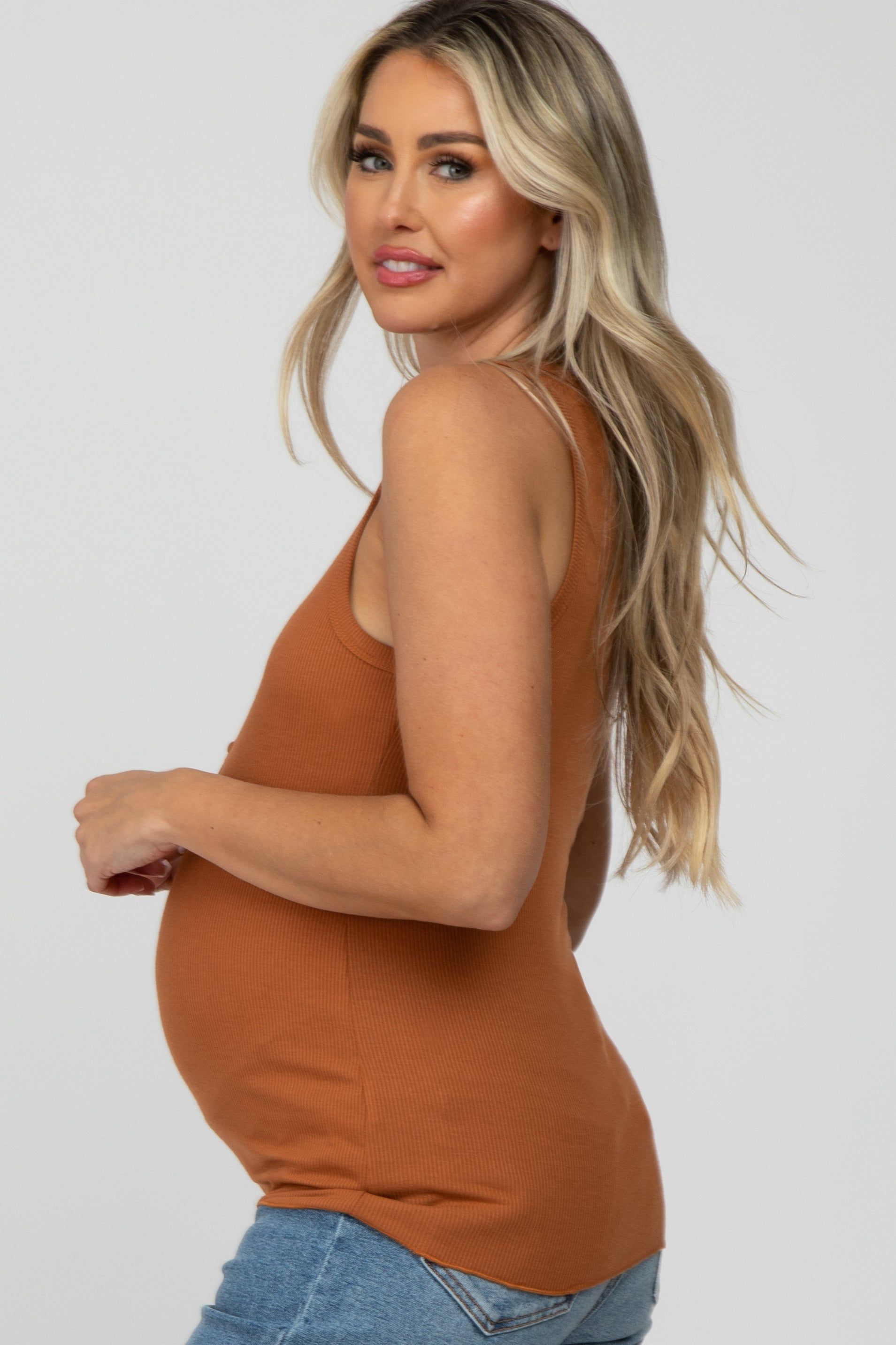 Rust Ribbed Button Front Maternity Tank Top sold by Pinkblush product image thumbnail 3