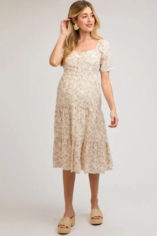 Taupe Floral Square Neck Tiered Maternity Midi Dress sold by Pinkblush