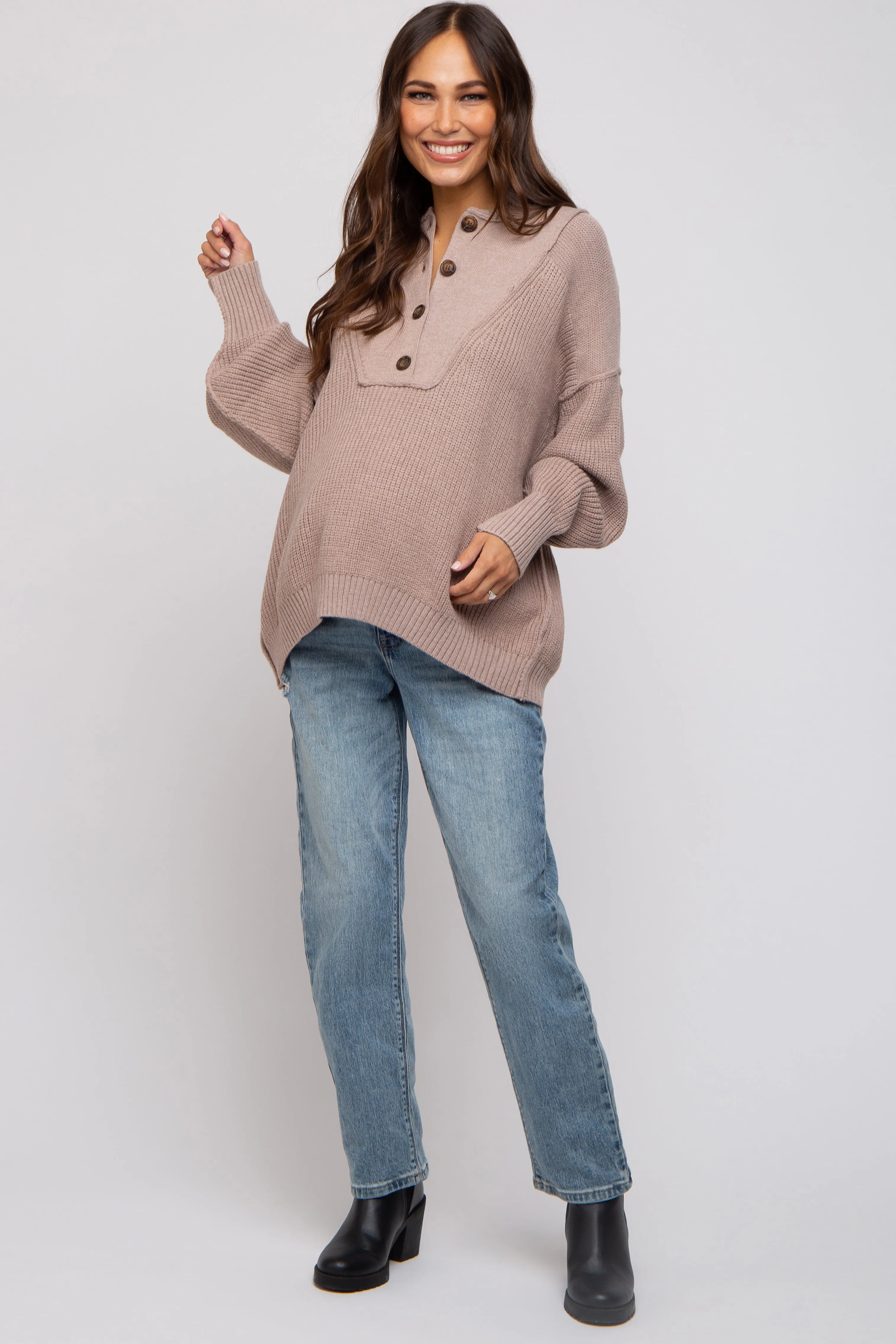 Beige Half Button Up Maternity Sweater sold by Pinkblush product image thumbnail 4