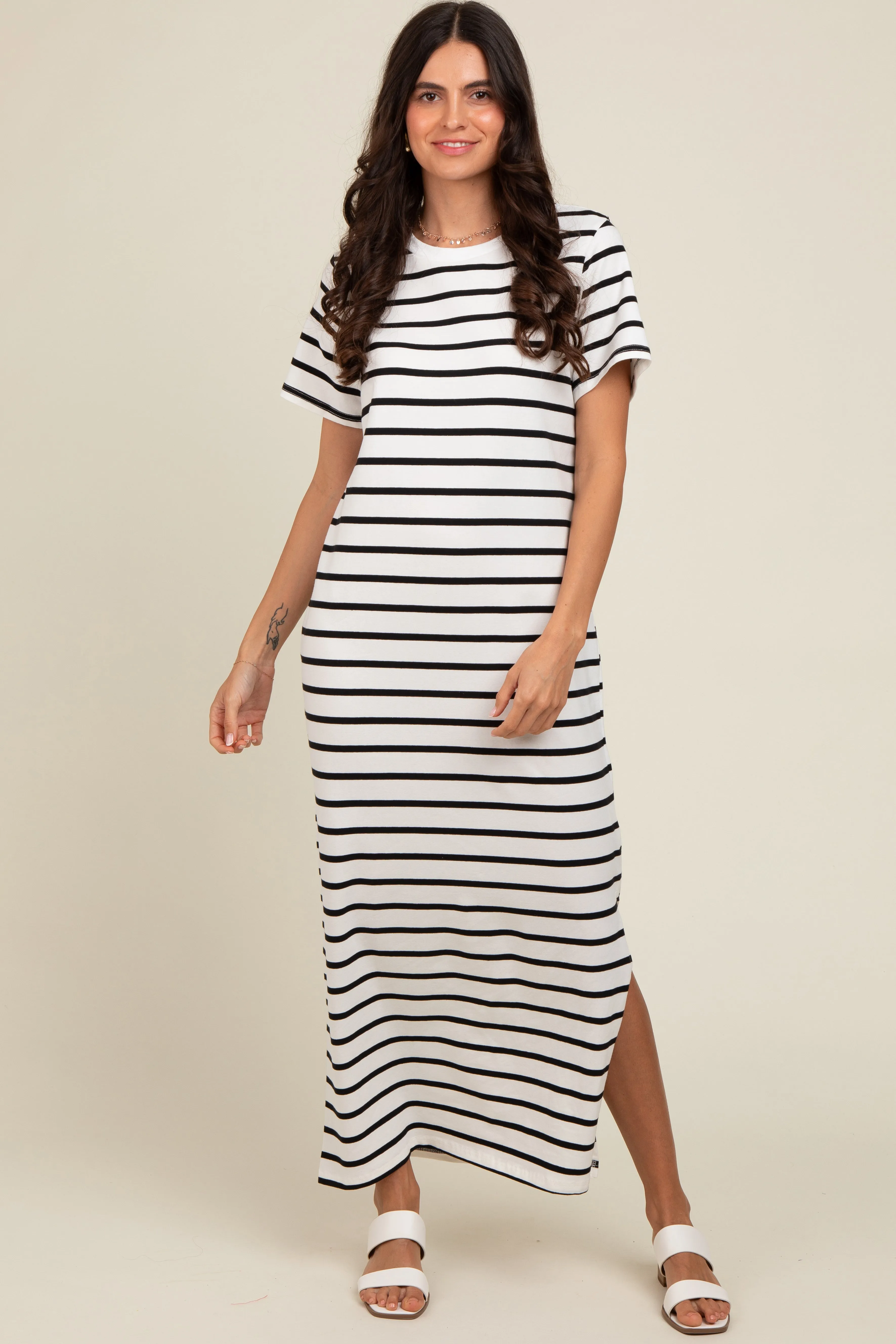 White Striped Side Slit Maxi Dress sold by Pinkblush