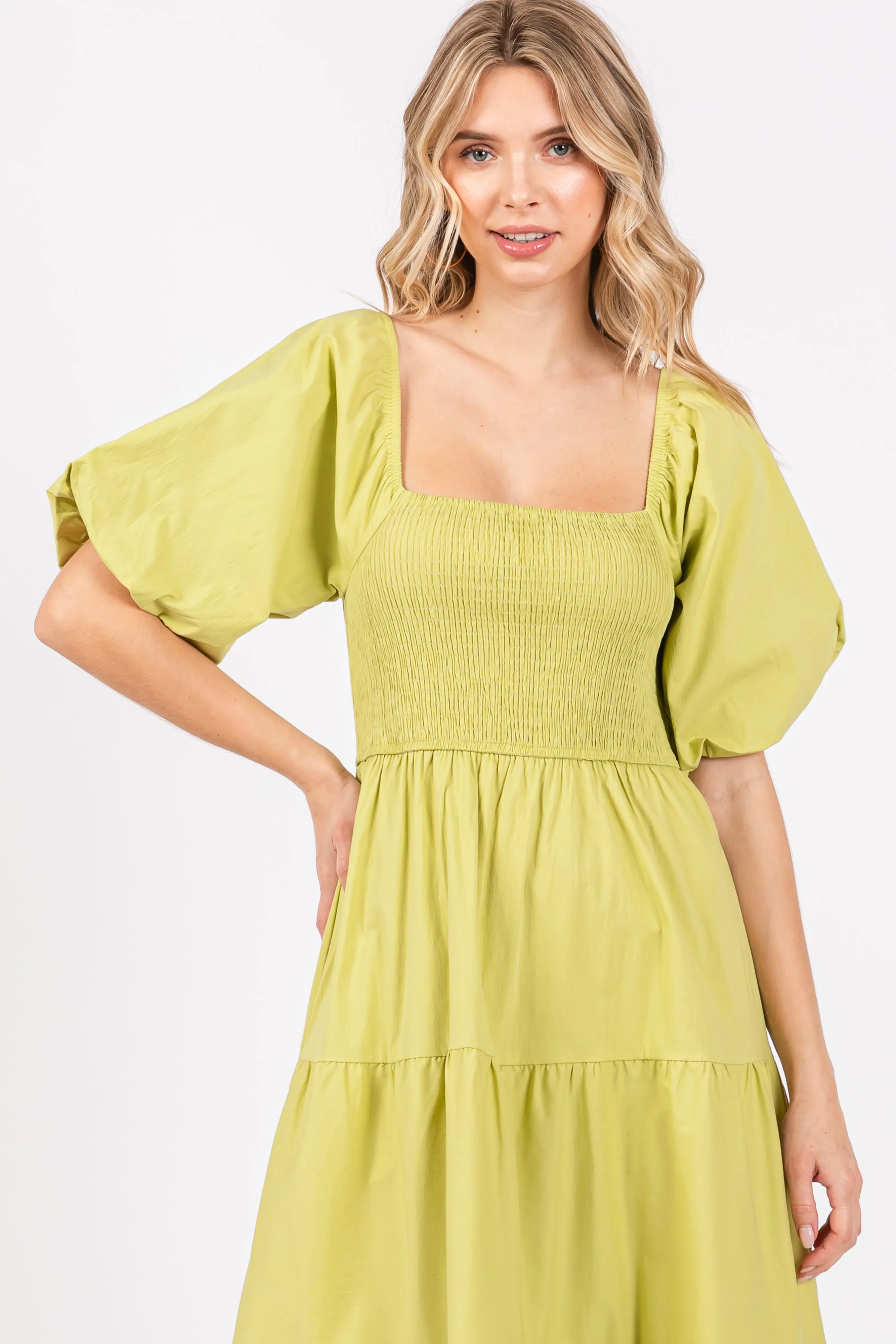 Light Olive Smocked Square Neck Puff Sleeve Tiered Maxi Dress sold by Pinkblush product image thumbnail 4