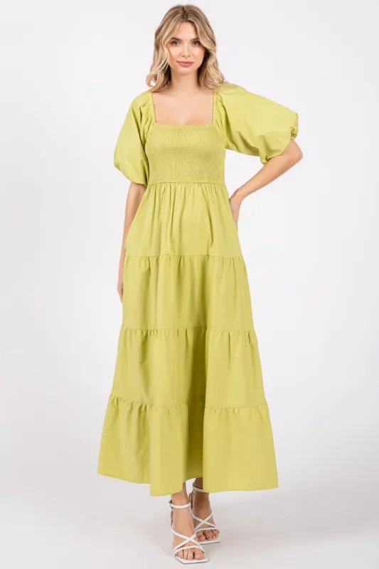 Light Olive Smocked Square Neck Puff Sleeve Tiered Maxi Dress sold by Pinkblush