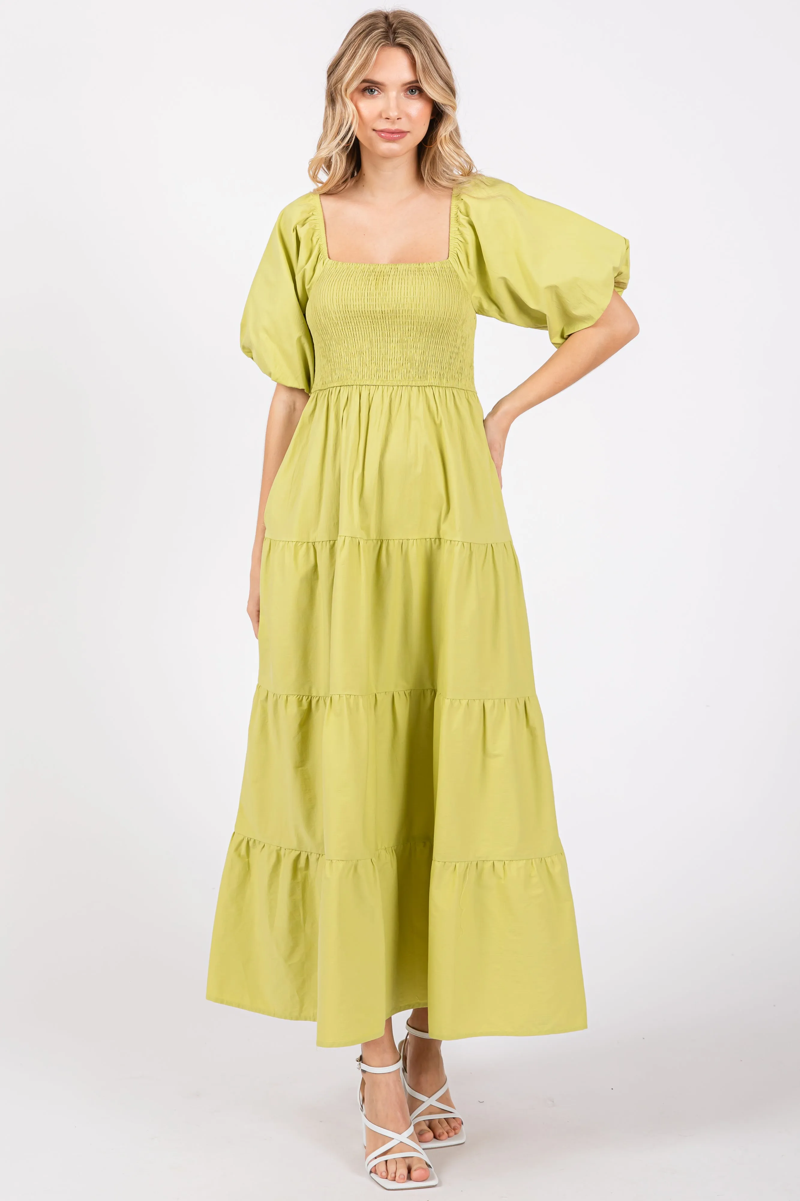 Light Olive Smocked Square Neck Puff Sleeve Tiered Maxi Dress sold by Pinkblush