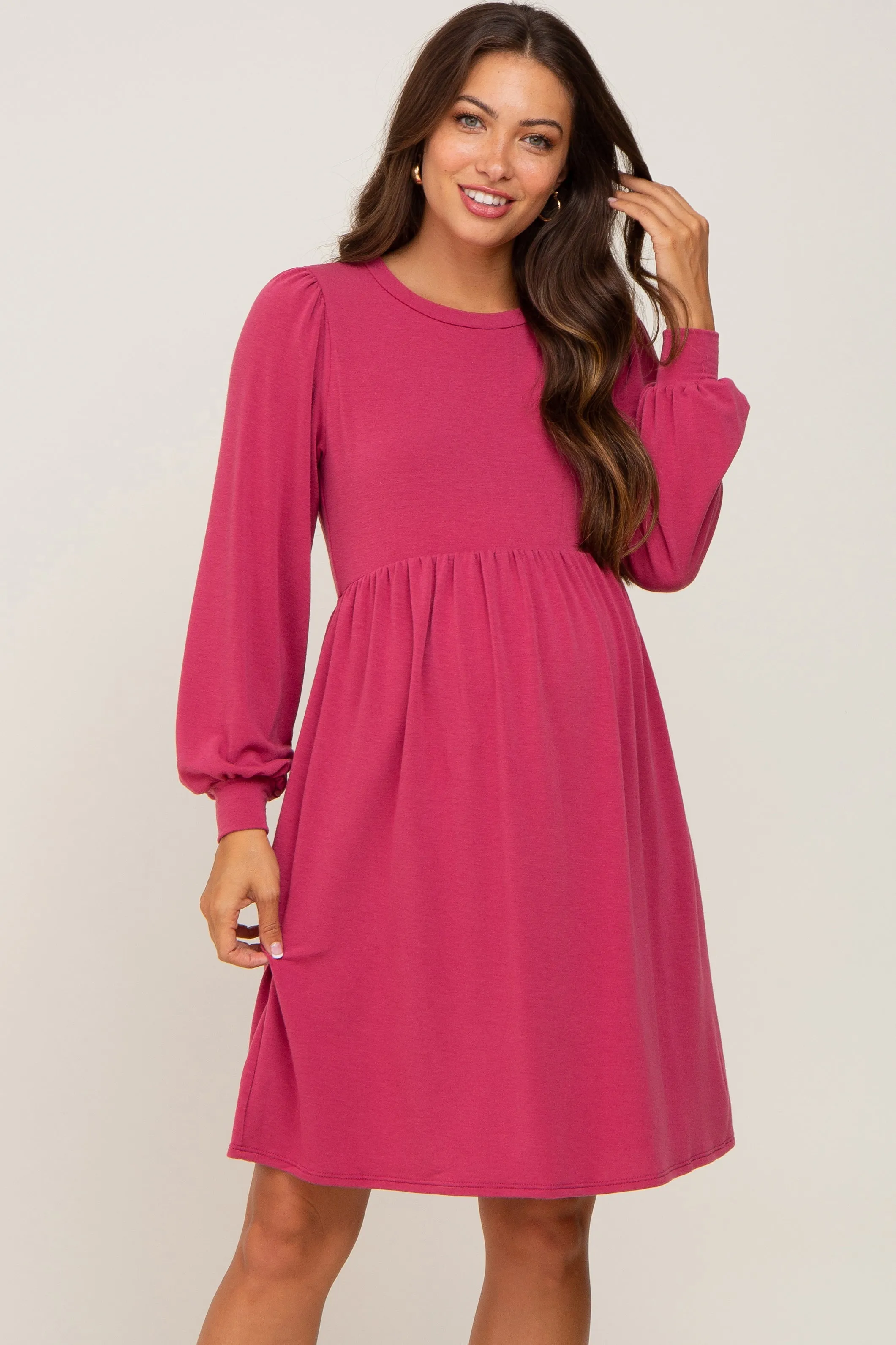 Magenta Terry Knit Long Sleeve Maternity Dress sold by Pinkblush
