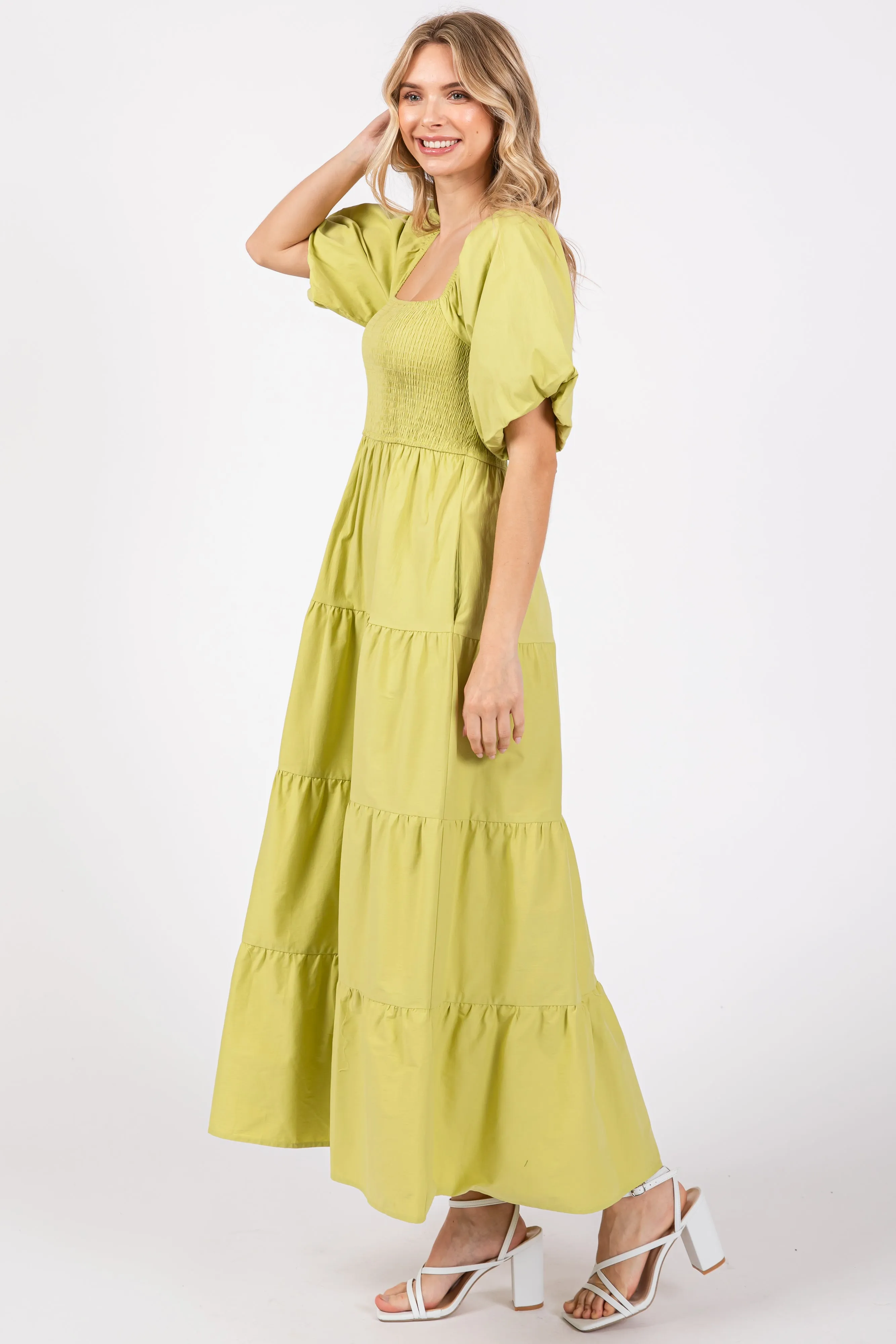 Light Olive Smocked Square Neck Puff Sleeve Tiered Maxi Dress sold by Pinkblush product image thumbnail 2