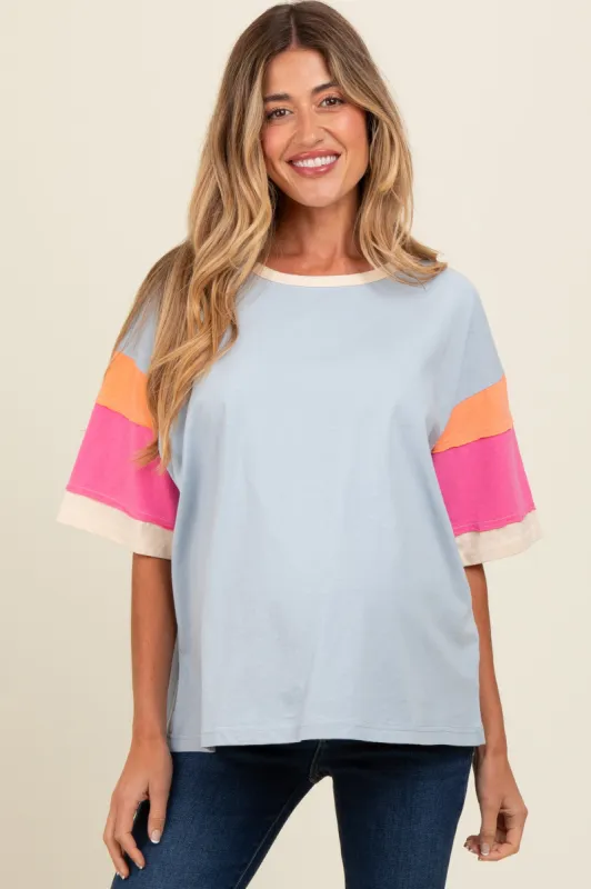 Light Blue Colorblock Detail Short Sleeve Maternity Top sold by Pinkblush