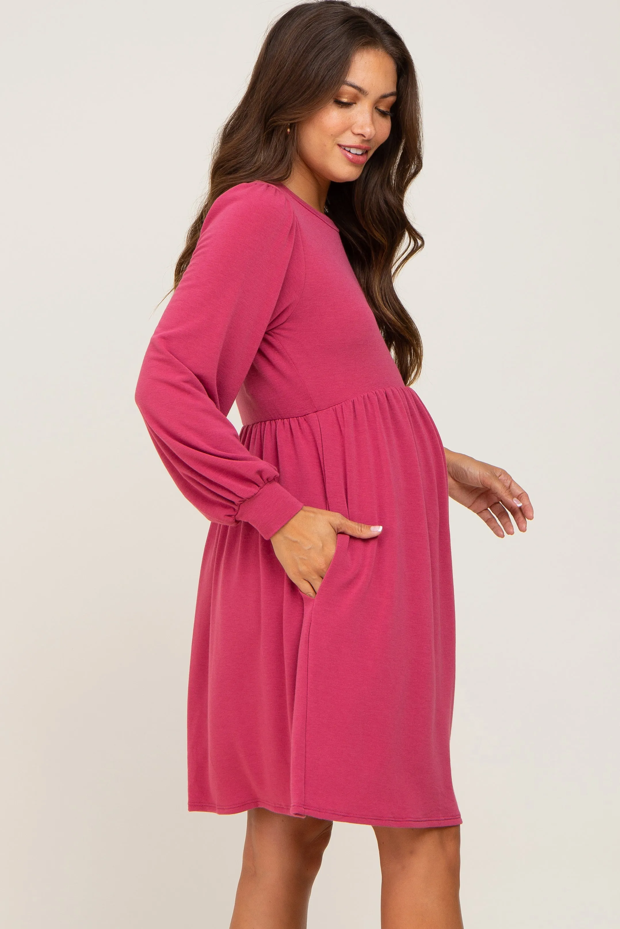 Magenta Terry Knit Long Sleeve Maternity Dress sold by Pinkblush product image thumbnail 2