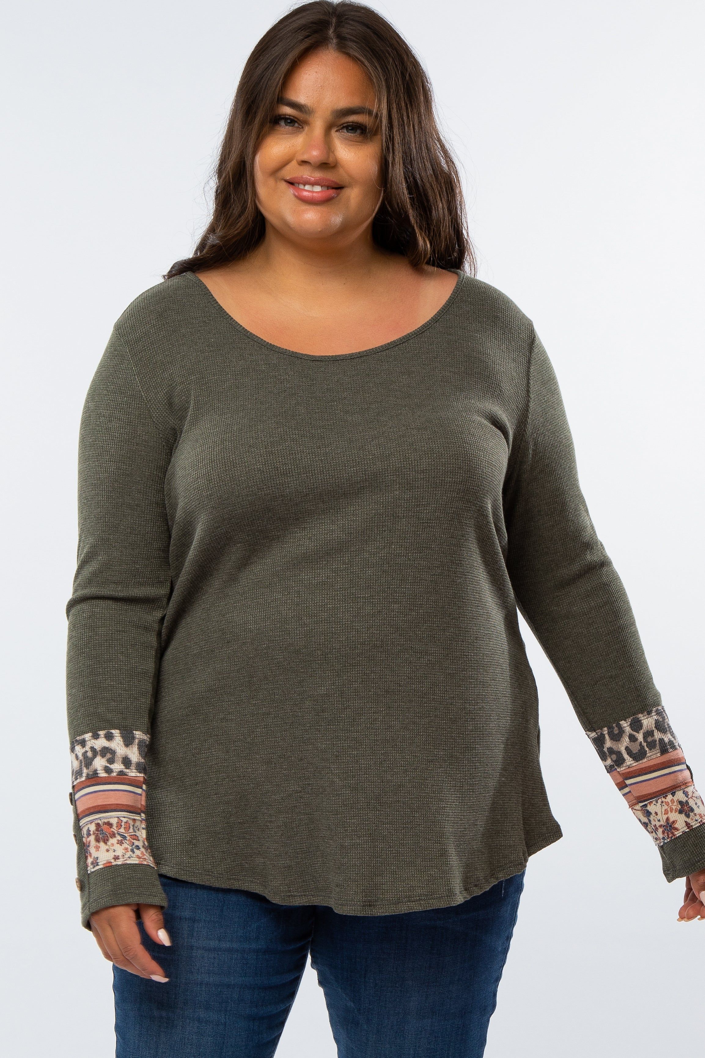 Olive Colorblock Sleeve Plus Top sold by Pinkblush