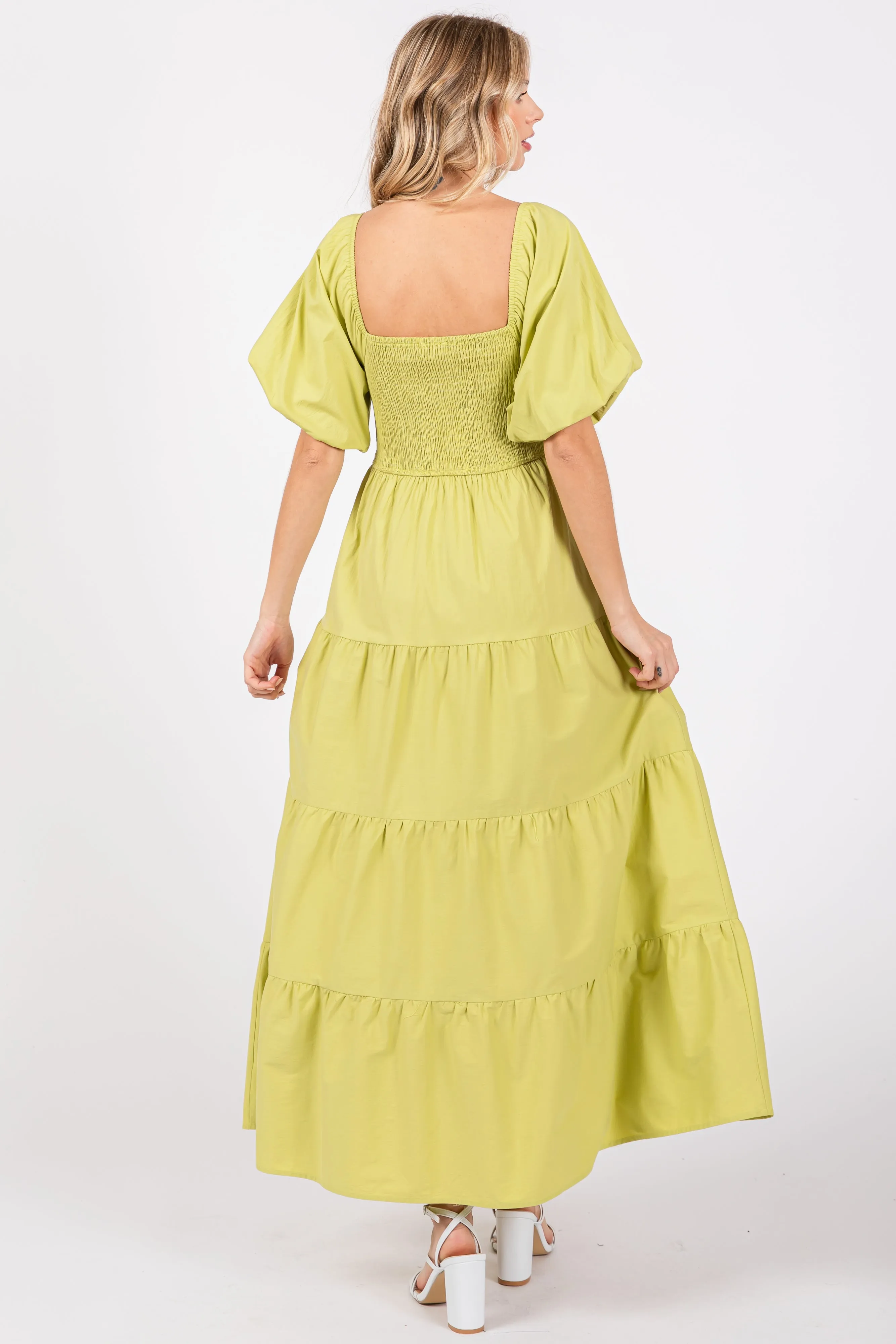 Light Olive Smocked Square Neck Puff Sleeve Tiered Maxi Dress sold by Pinkblush product image thumbnail 3