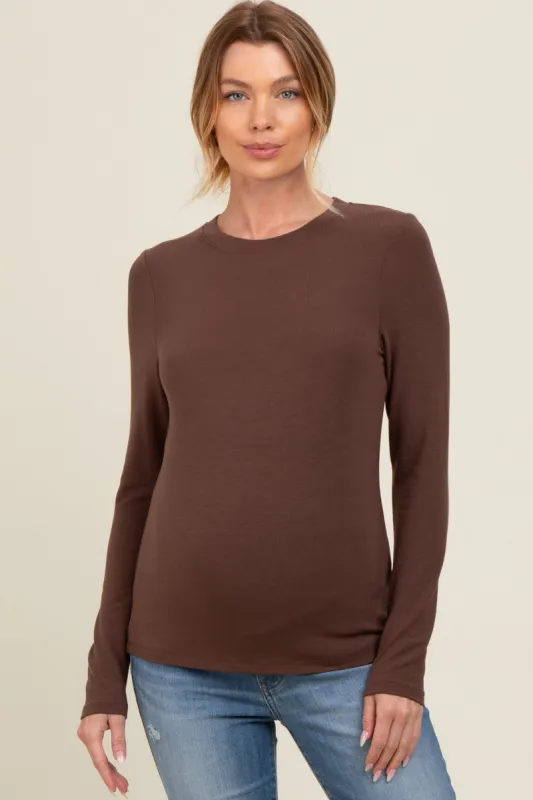 Brown Basic Fitted Maternity Long Sleeve Top sold by Pinkblush