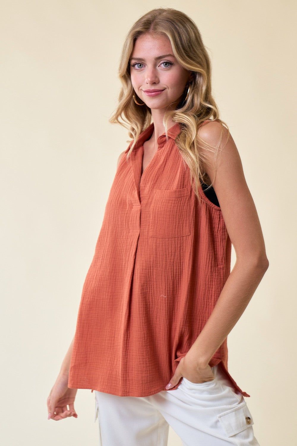 Burnt Orange Split Neck Collar Sleeveless Shirt sold by Pinkblush
