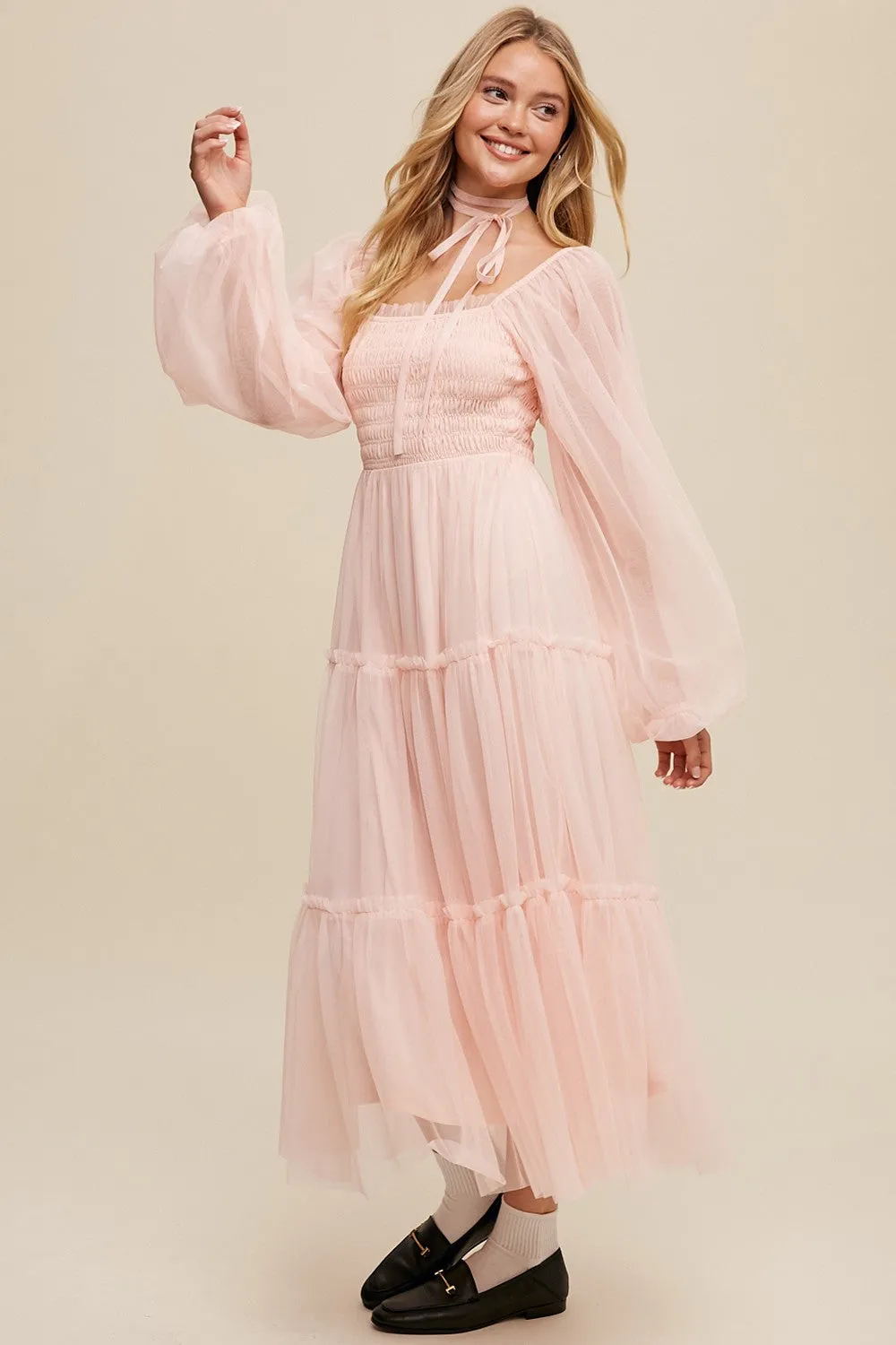 Light Pink Mesh Tiered Long Sleeve Maxi Dress sold by Pinkblush product image thumbnail 2