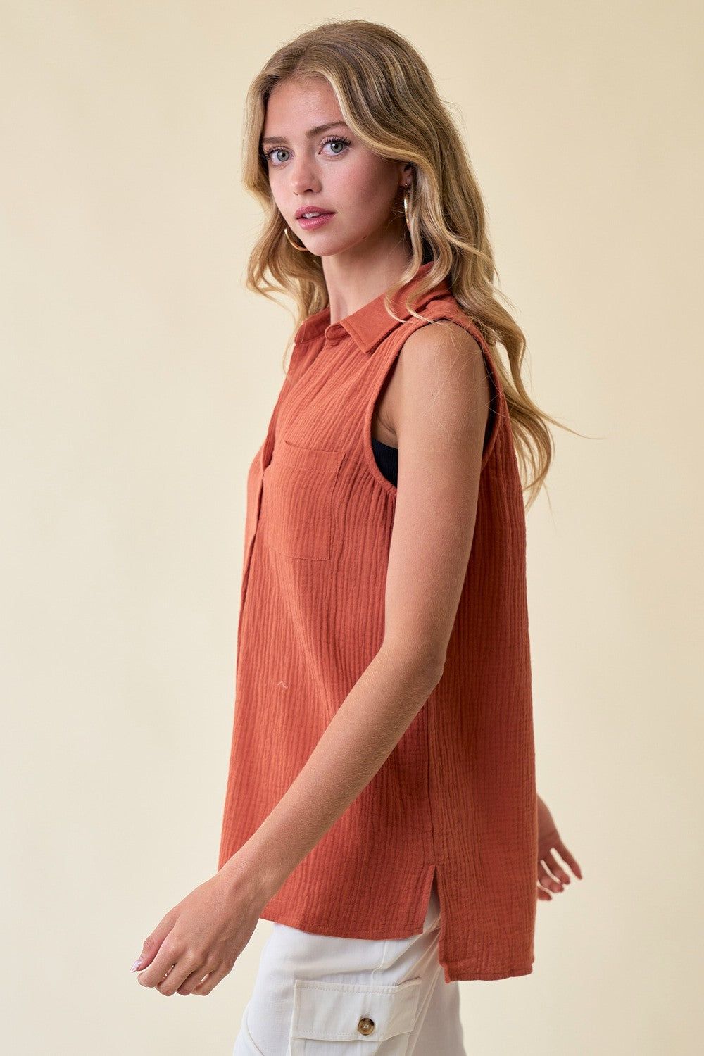 Burnt Orange Split Neck Collar Sleeveless Shirt sold by Pinkblush product image thumbnail 2