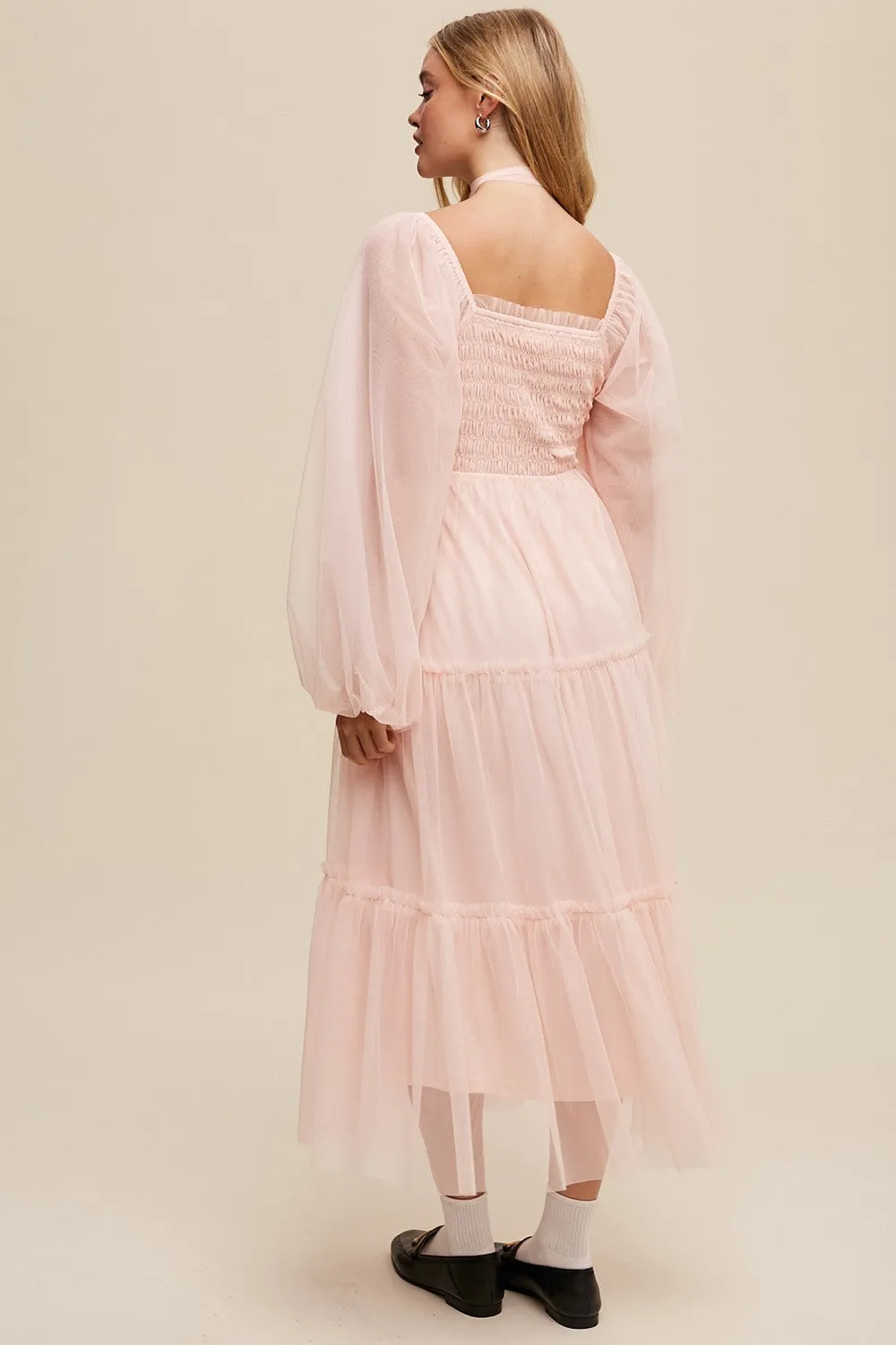Light Pink Mesh Tiered Long Sleeve Maxi Dress sold by Pinkblush product image thumbnail 3
