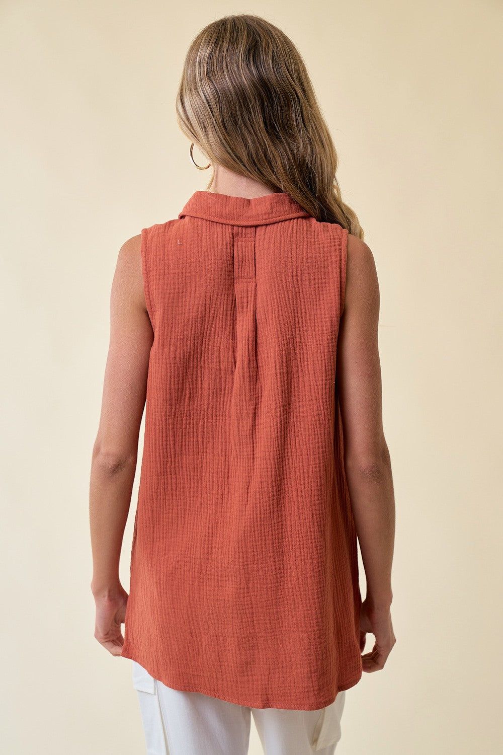 Burnt Orange Split Neck Collar Sleeveless Shirt sold by Pinkblush product image thumbnail 3