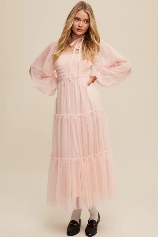 Light Pink Mesh Tiered Long Sleeve Maxi Dress sold by Pinkblush