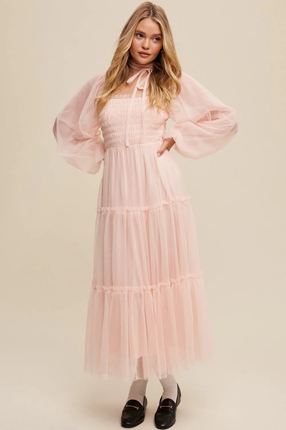 Light Pink Mesh Tiered Long Sleeve Maxi Dress sold by Pinkblush