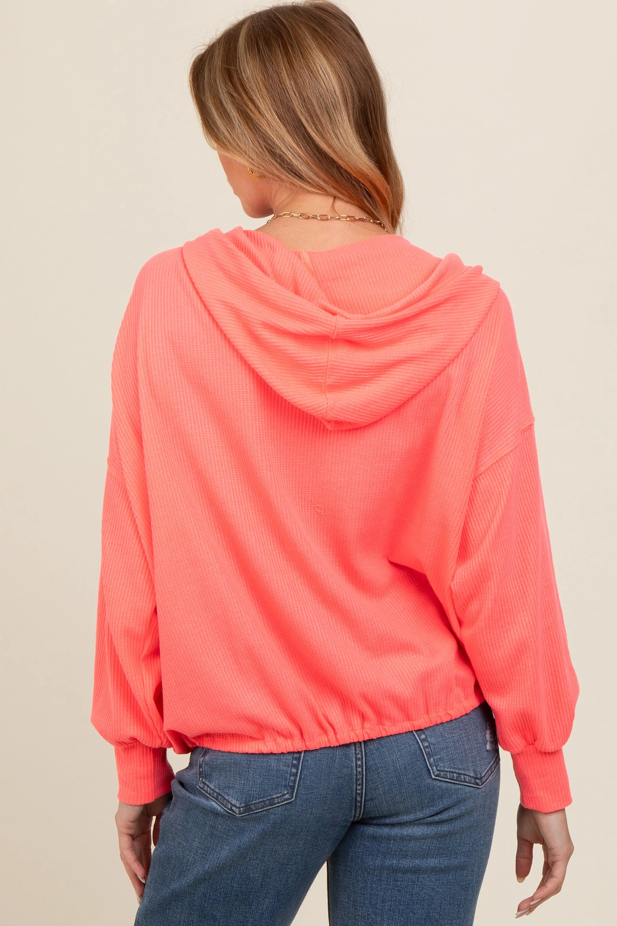 Coral Waffle Knit Half Zip Relaxed Fit Maternity Hoodie sold by Pinkblush product image thumbnail 4