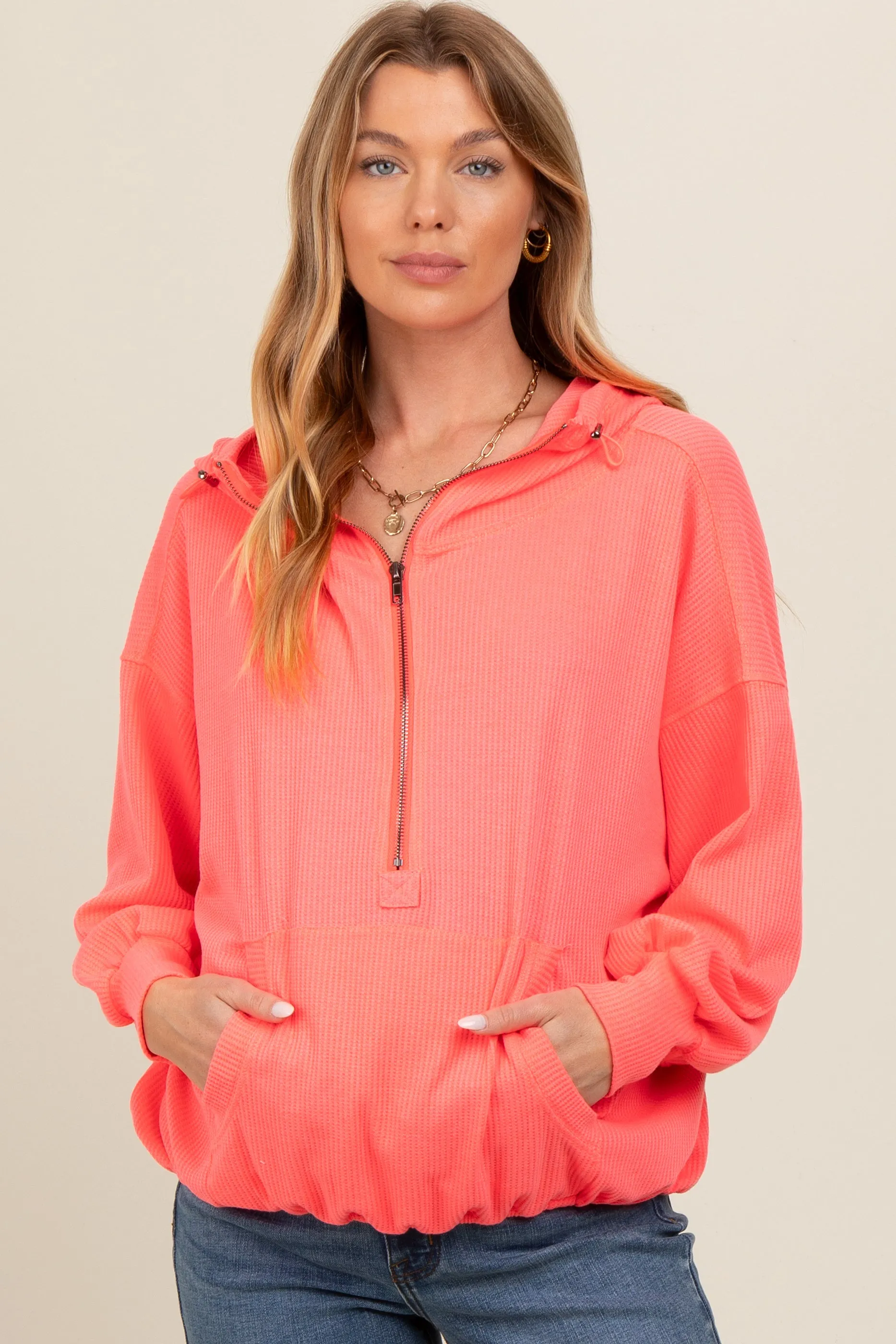 Coral Waffle Knit Half Zip Relaxed Fit Maternity Hoodie sold by Pinkblush