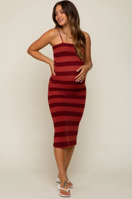 Rust Striped Rib Knit Maternity Midi Dress sold by Pinkblush