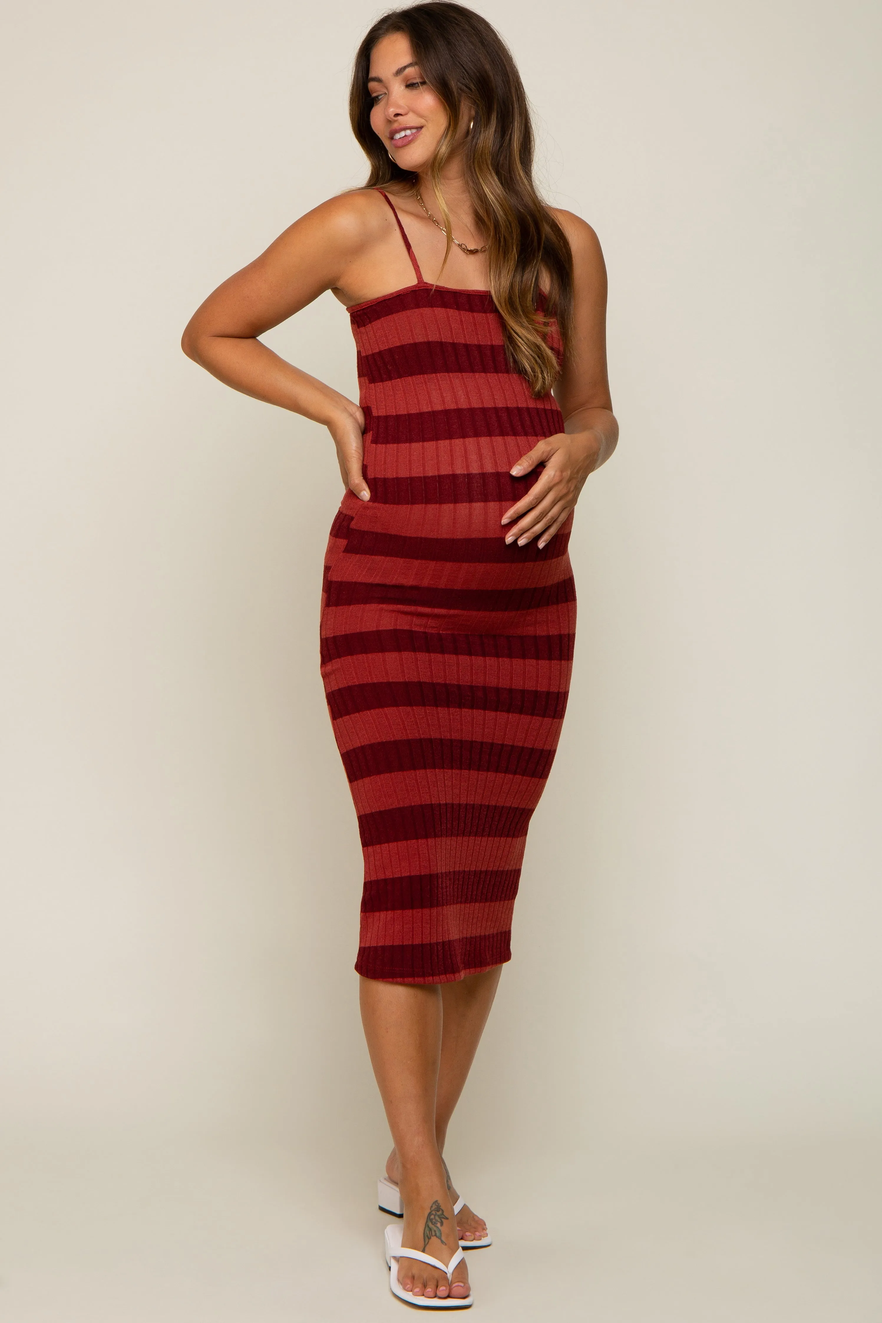 Rust Striped Rib Knit Maternity Midi Dress sold by Pinkblush