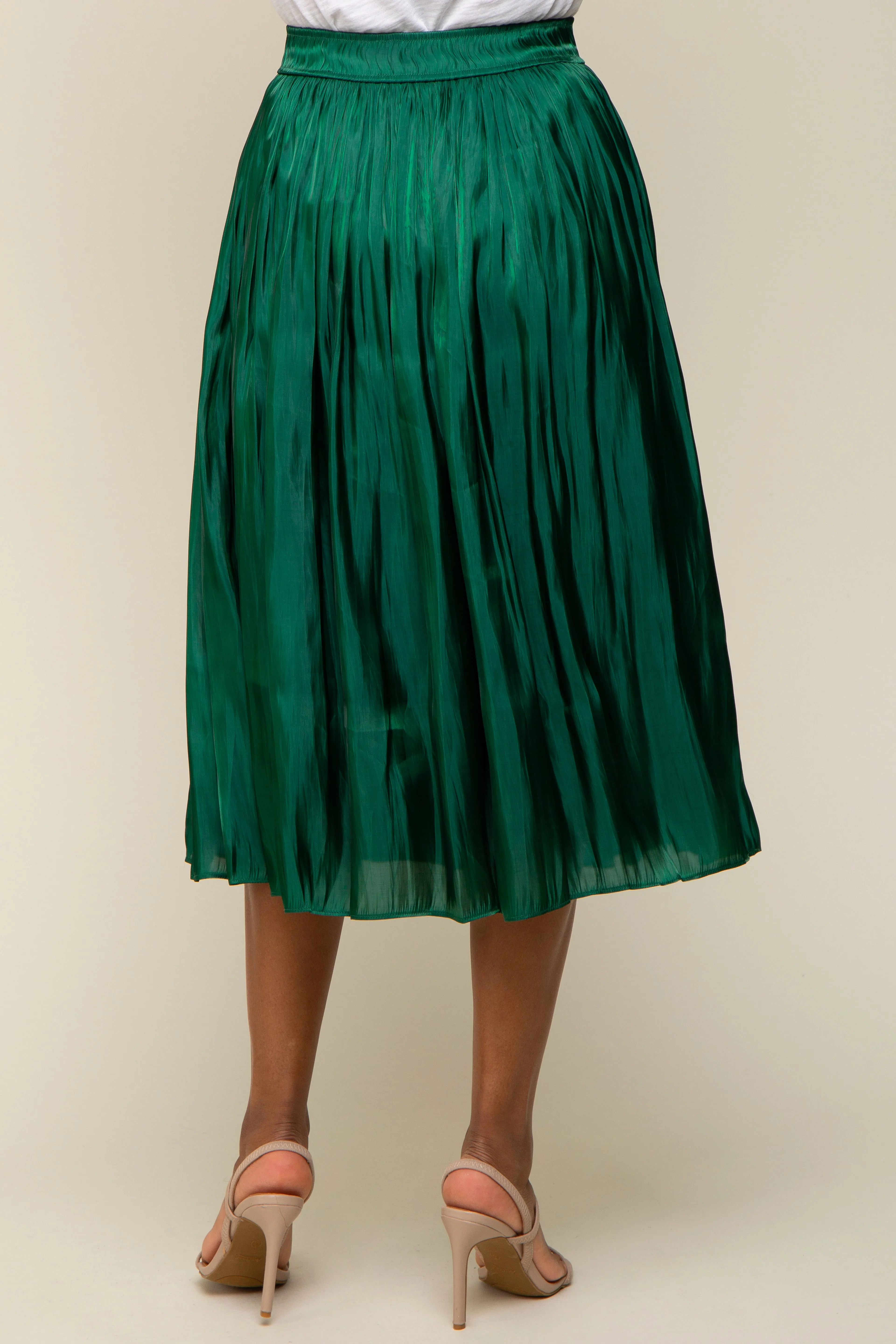 Forest Green Pleated Shimmer Satin Midi Skirt sold by Pinkblush product image thumbnail 4