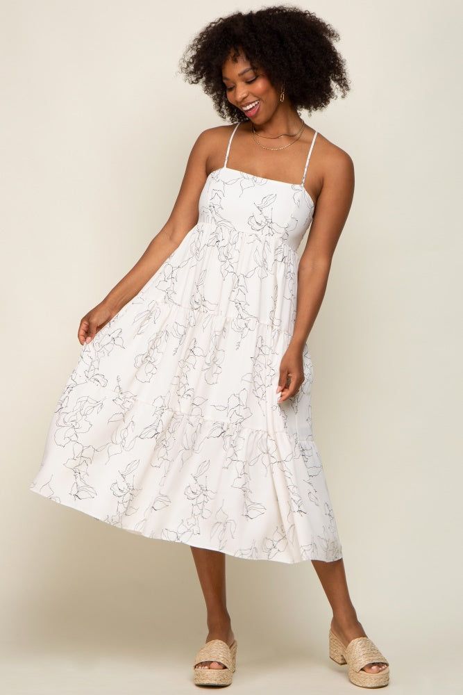 Ivory Floral Square Neck Tiered Midi Dress sold by Pinkblush product image thumbnail 4