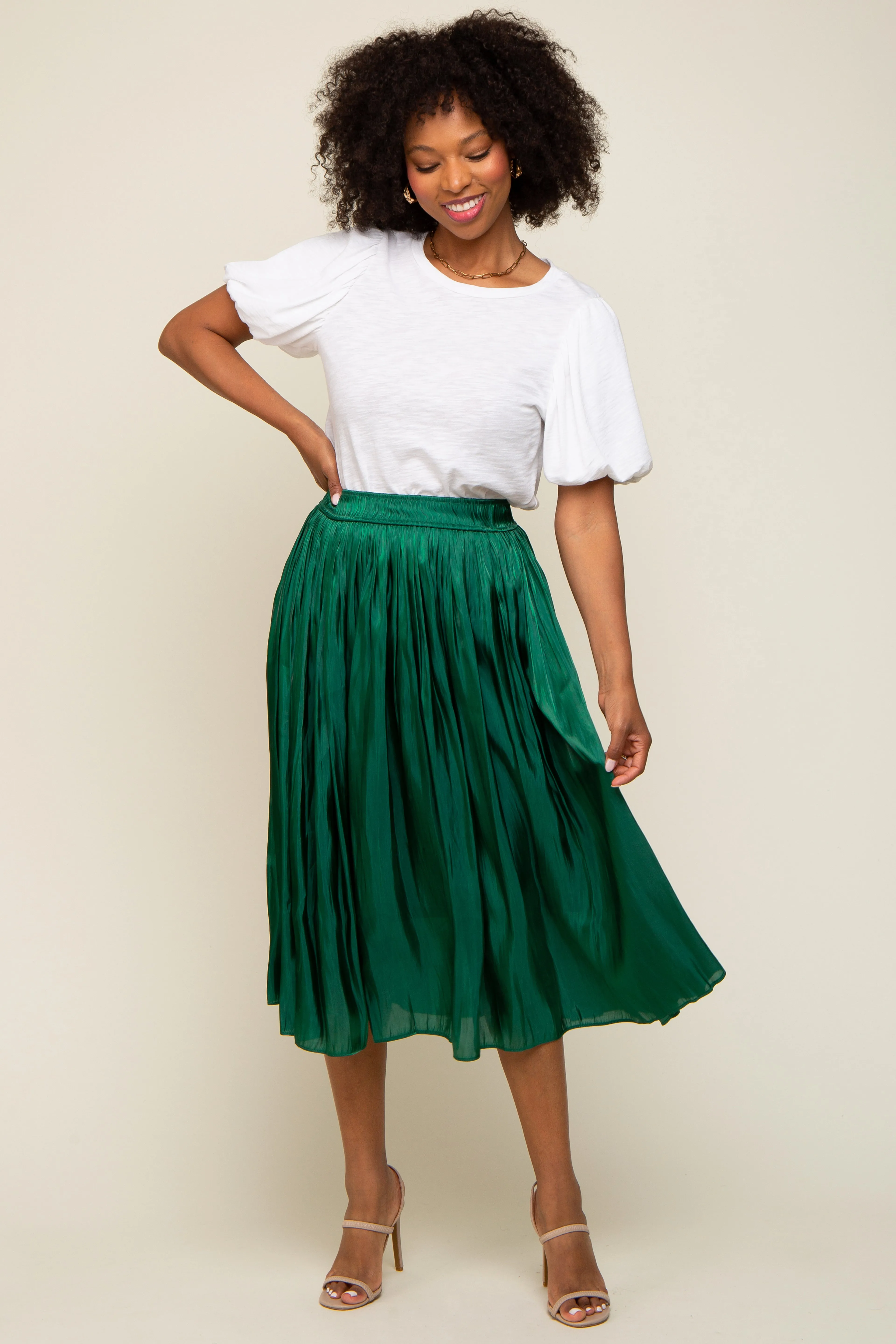 Forest Green Pleated Shimmer Satin Midi Skirt sold by Pinkblush