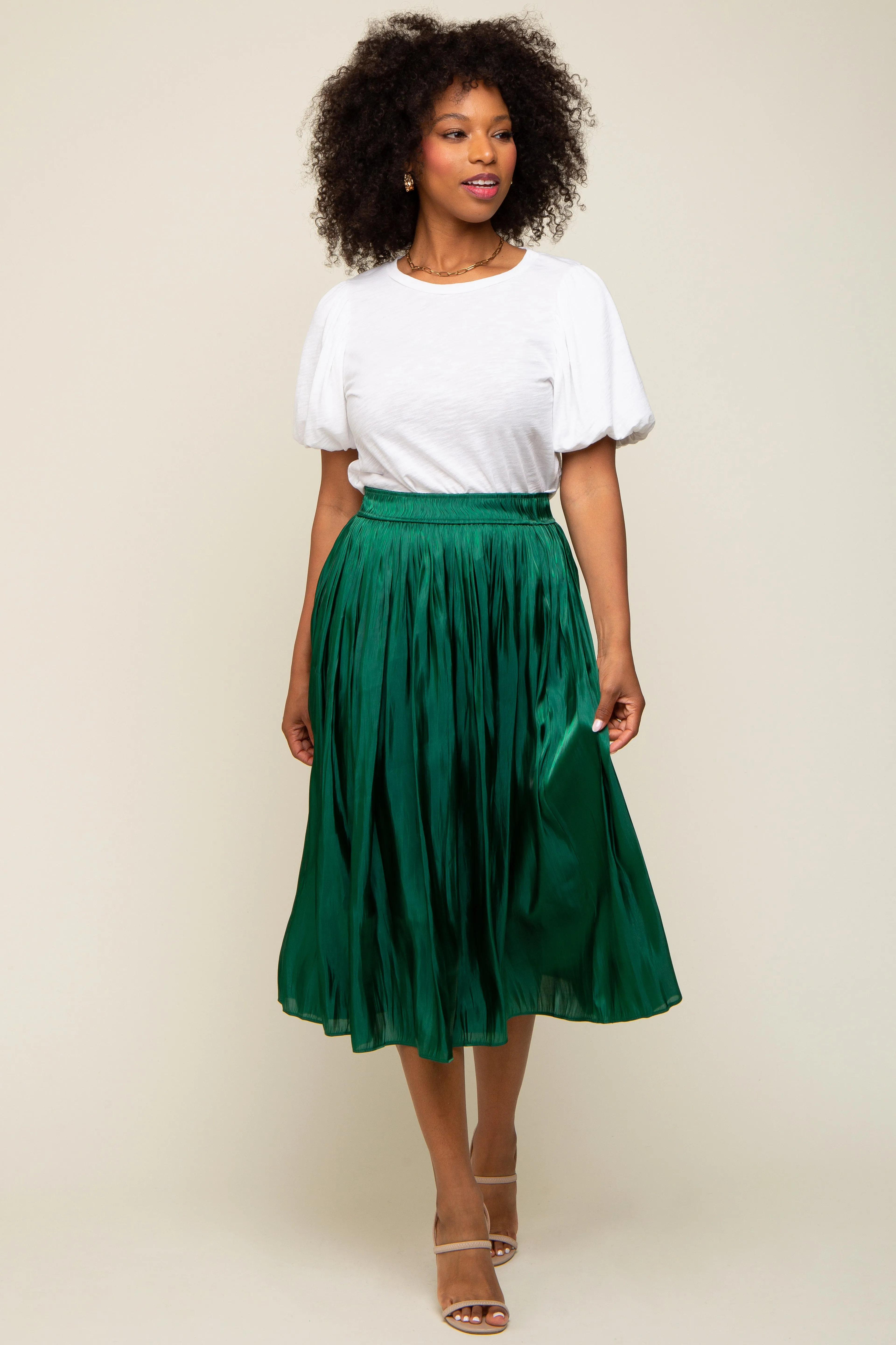 Forest Green Pleated Shimmer Satin Midi Skirt sold by Pinkblush product image thumbnail 5