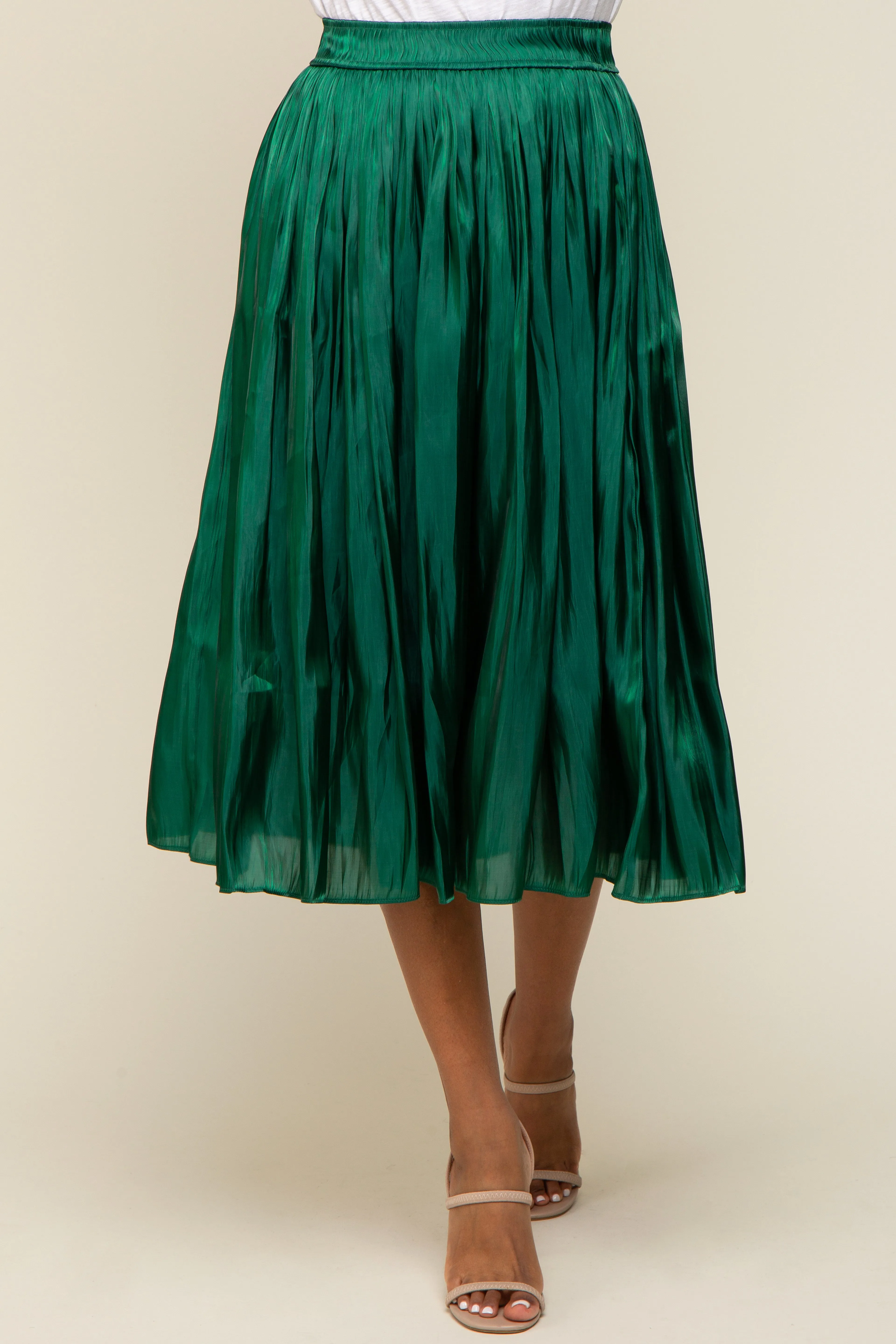 Forest Green Pleated Shimmer Satin Midi Skirt sold by Pinkblush product image thumbnail 2