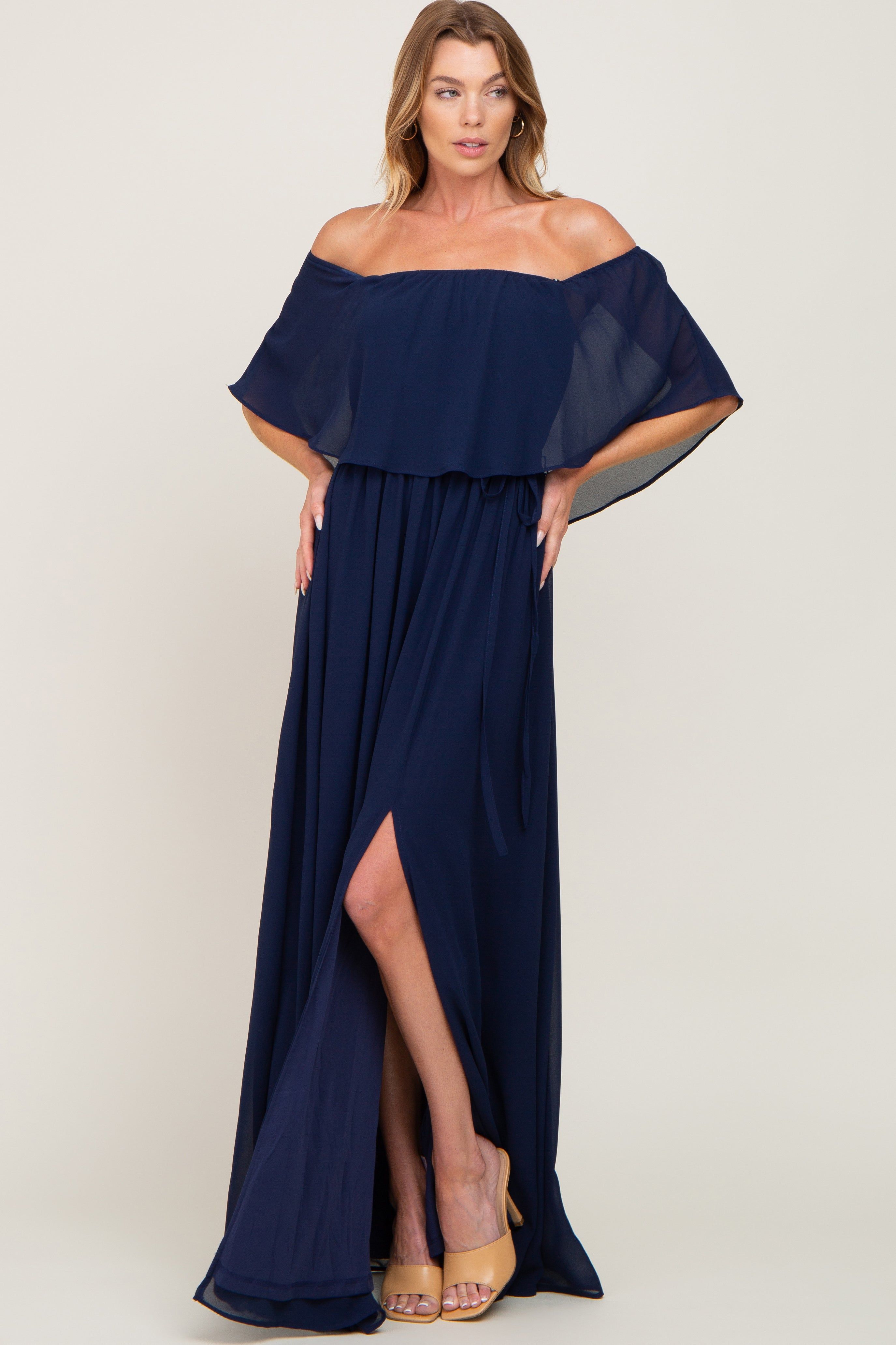 Navy Blue Chiffon Off Shoulder Maxi Dress sold by Pinkblush product image thumbnail 4