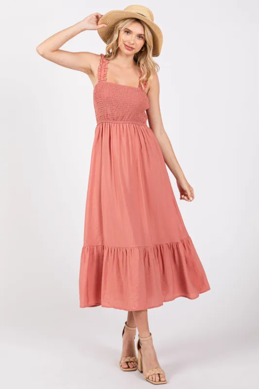 Rust Smocked Bodice Maxi Dress sold by Pinkblush