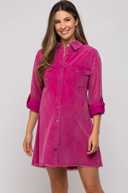 Magenta Corduroy Button Front Fringe Hem Maternity Dress sold by Pinkblush