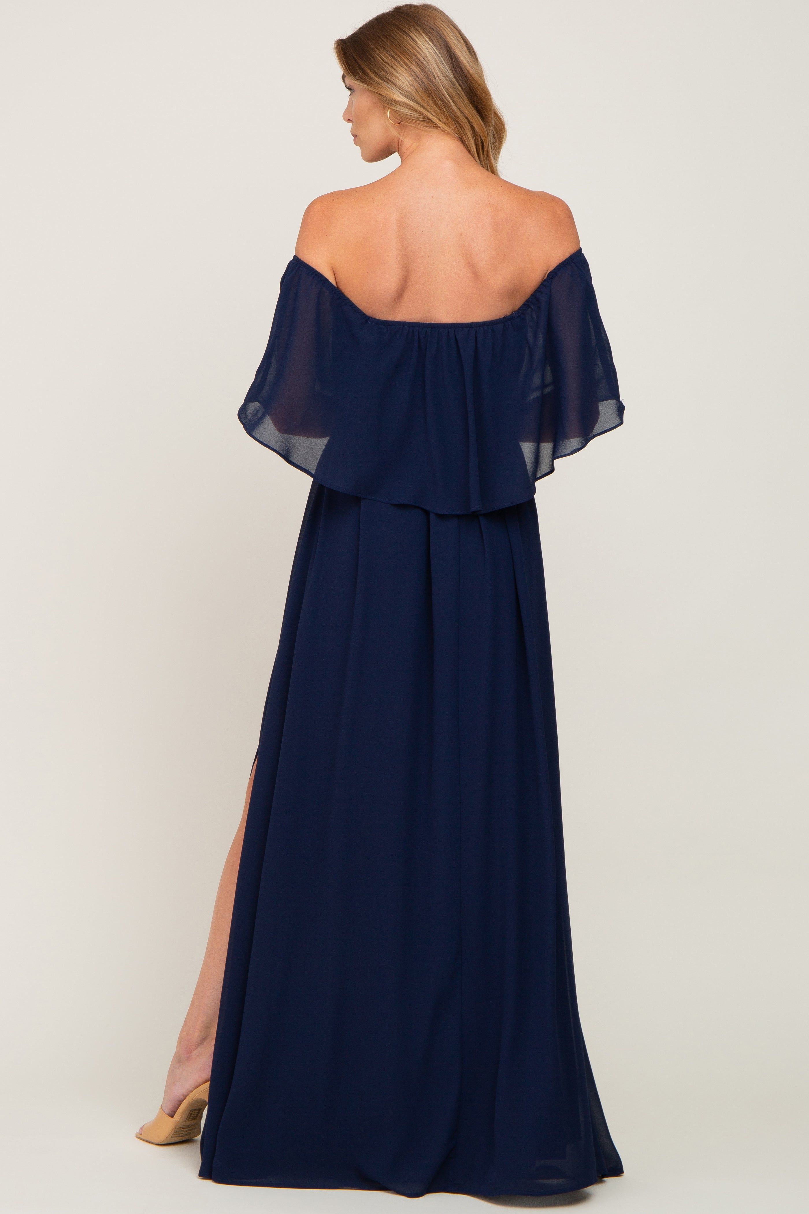 Navy Blue Chiffon Off Shoulder Maxi Dress sold by Pinkblush product image thumbnail 3