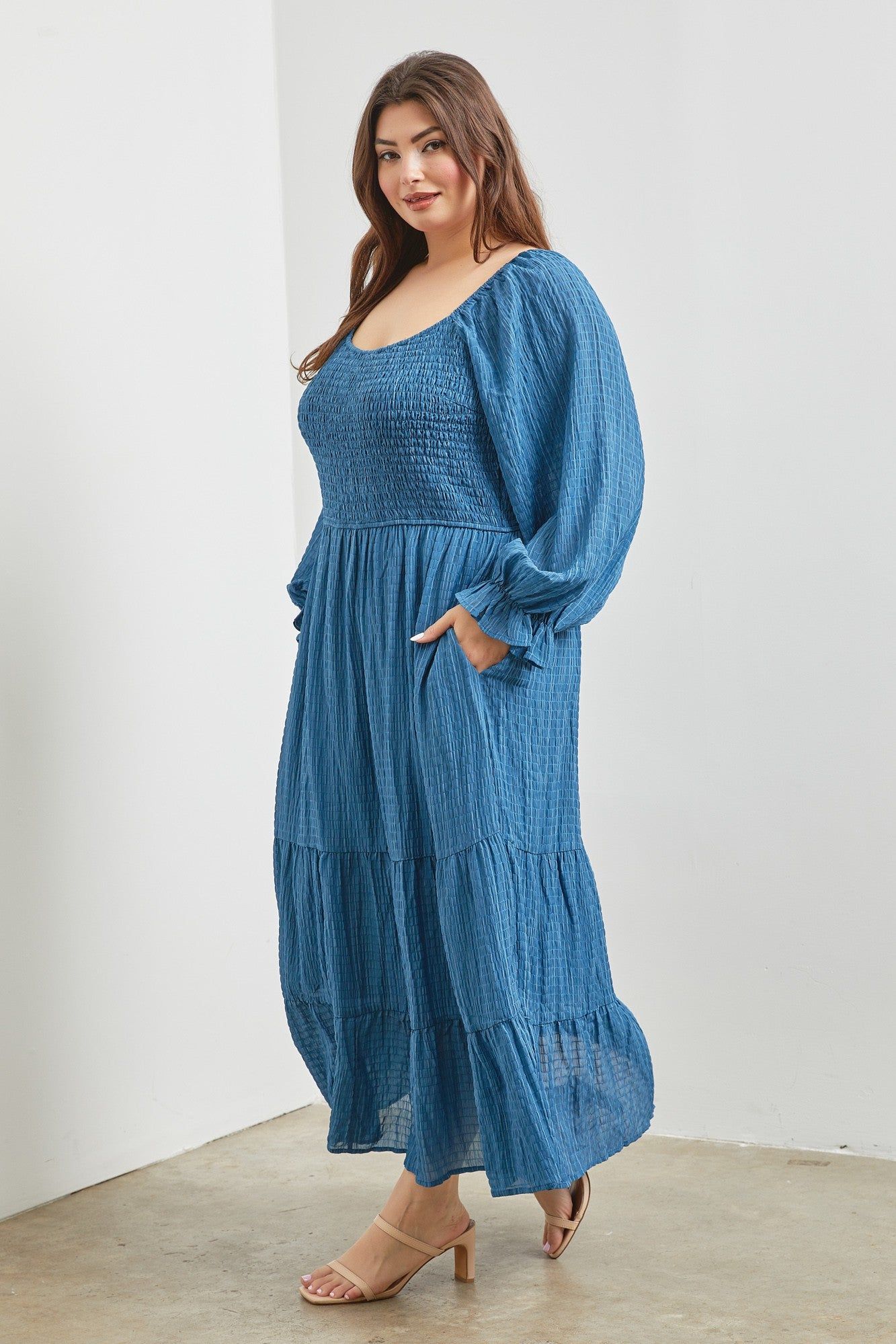 Blue Textured Stripe Smocked Square Neck Plus Midi Dress sold by Pinkblush product image thumbnail 2