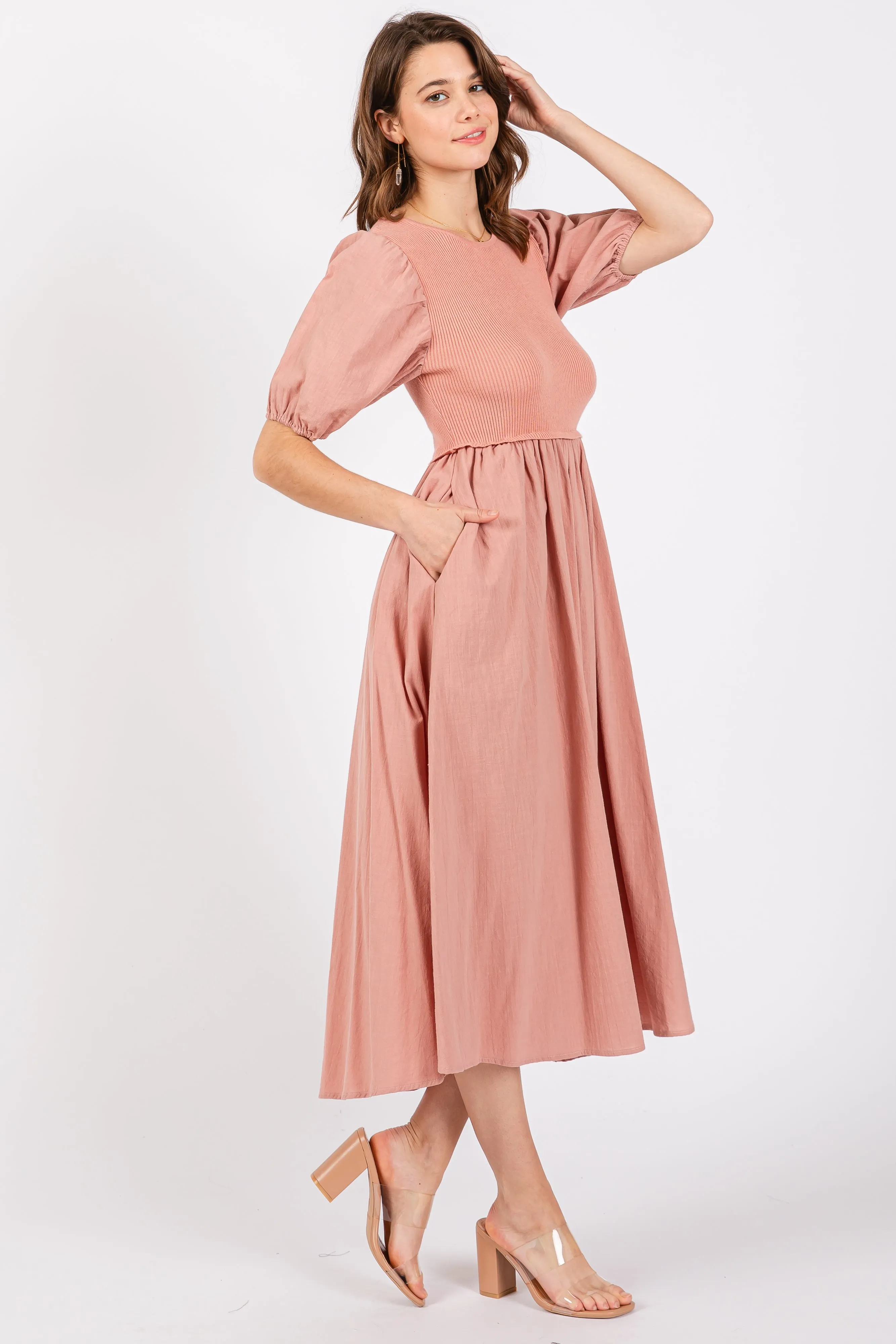 Peach Ribbed Bodice Puff Sleeve Midi Dress sold by Pinkblush product image thumbnail 2