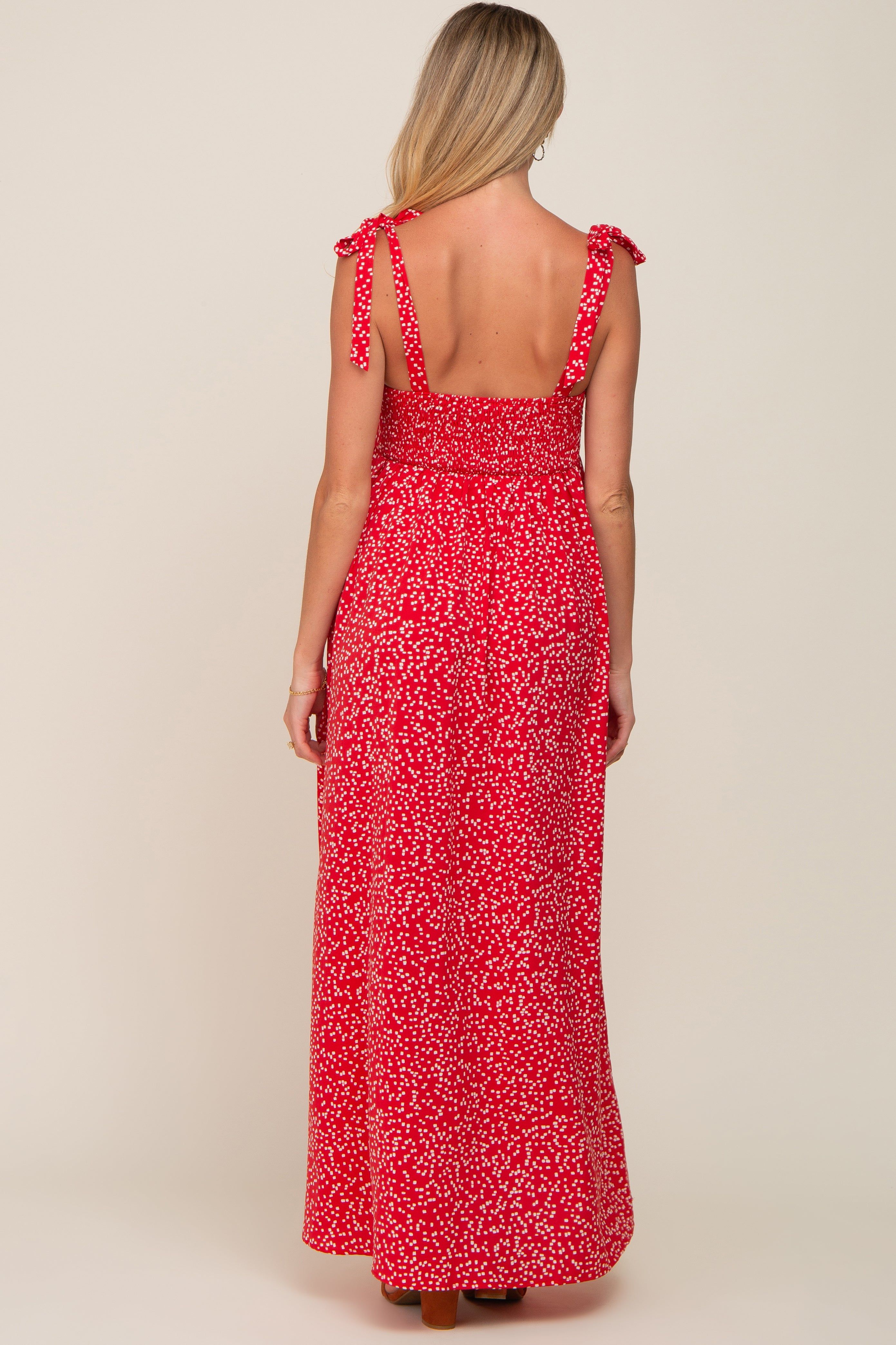 Red Button Front Tie Shoulder Maternity Maxi Dress sold by Pinkblush product image thumbnail 3