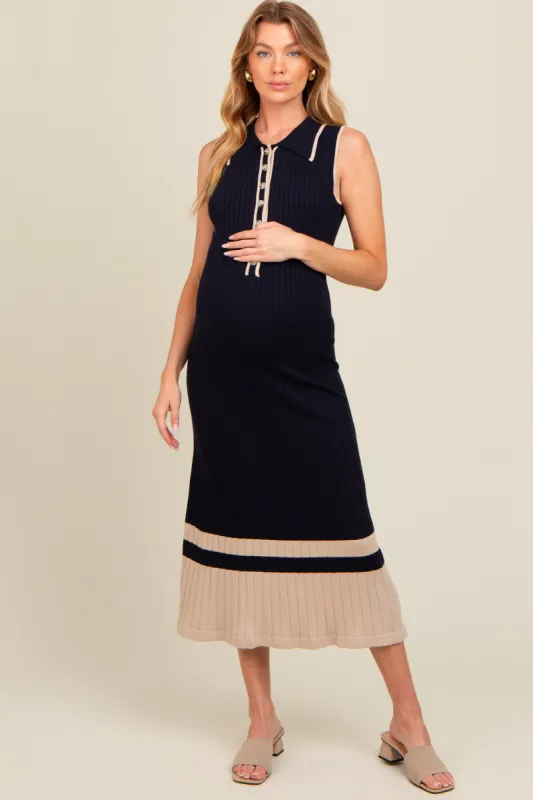 Navy Knit Button Front Contrast Border Maternity Midi Dress sold by Pinkblush