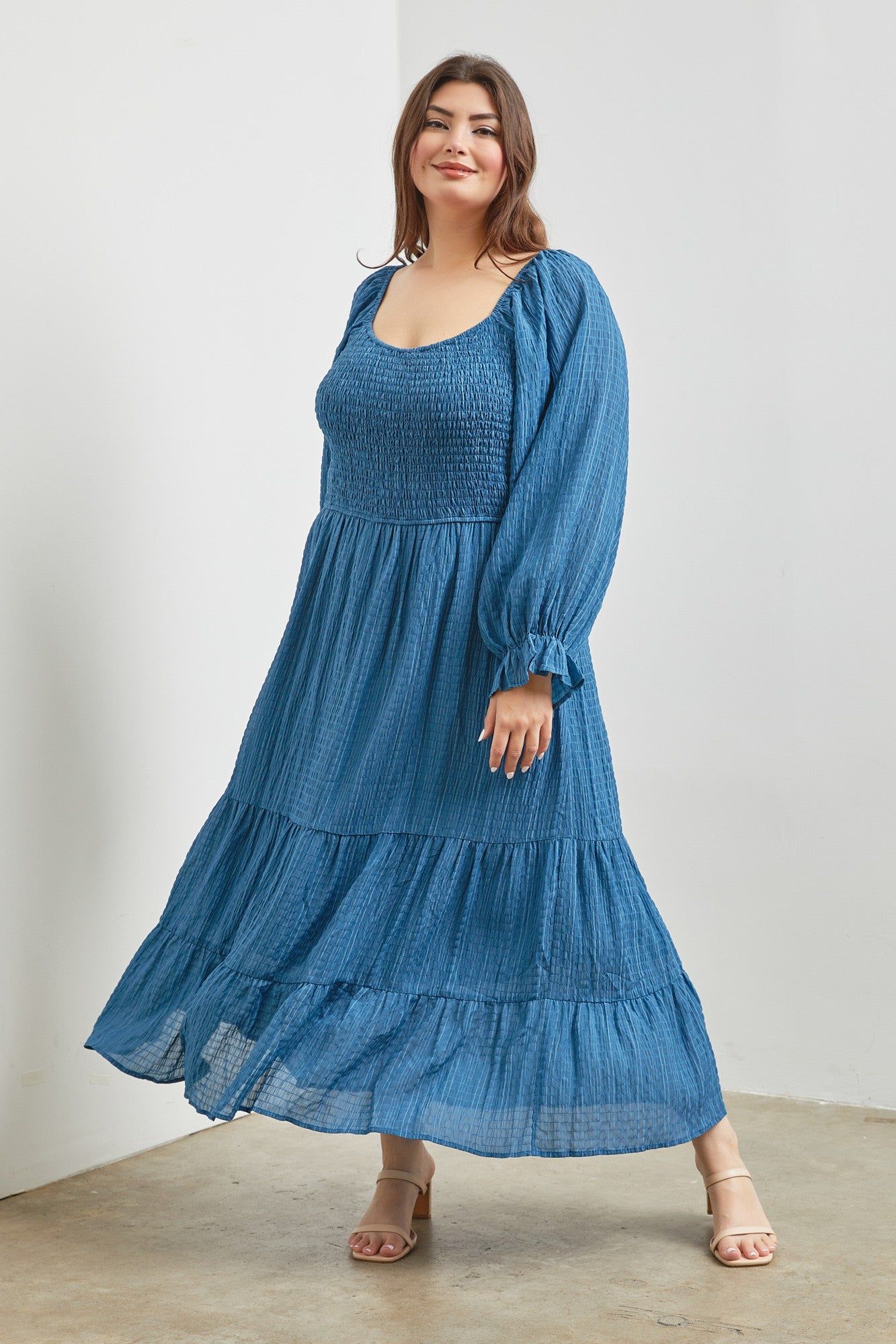 Blue Textured Stripe Smocked Square Neck Plus Midi Dress sold by Pinkblush product image thumbnail 3