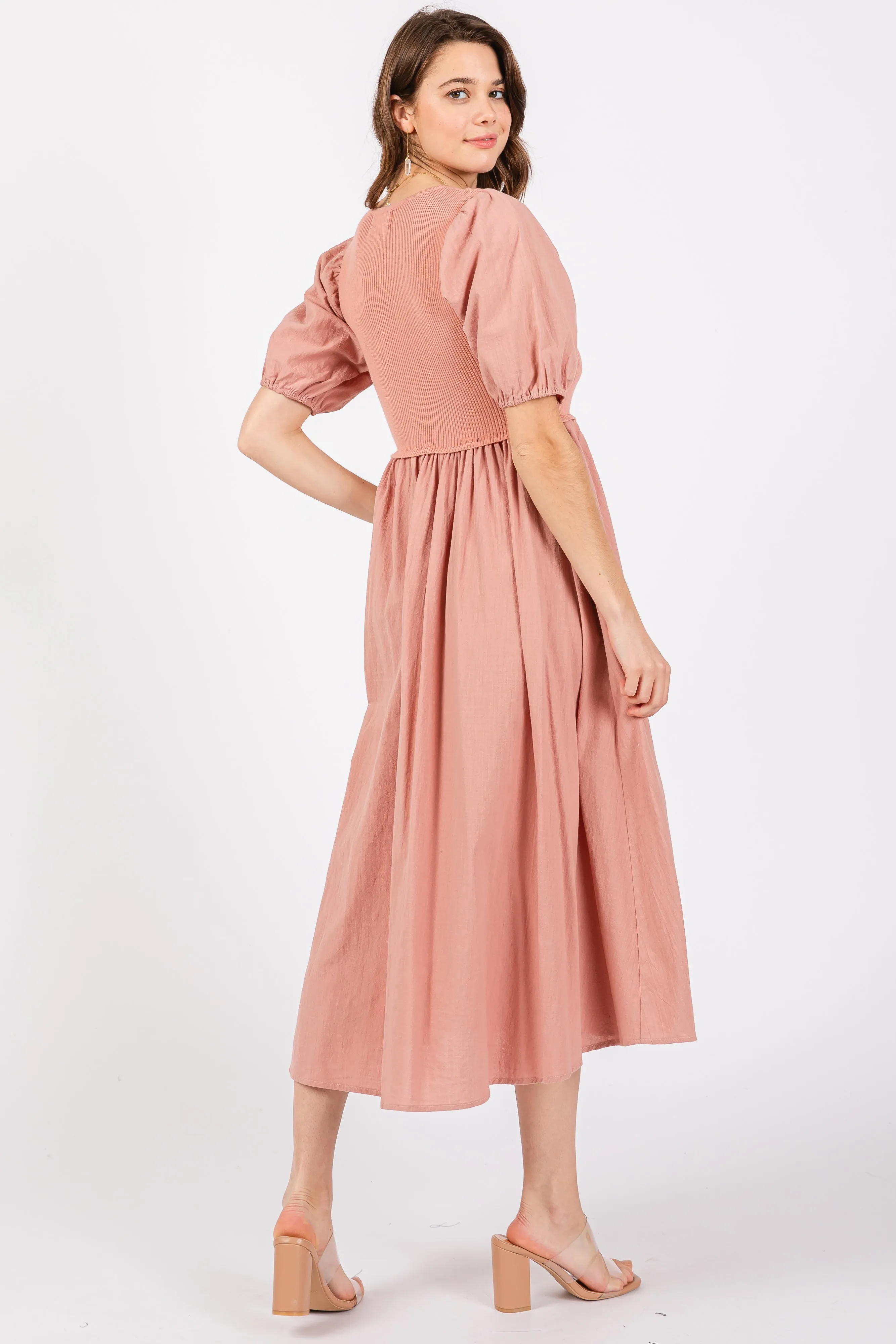 Peach Ribbed Bodice Puff Sleeve Midi Dress sold by Pinkblush product image thumbnail 3
