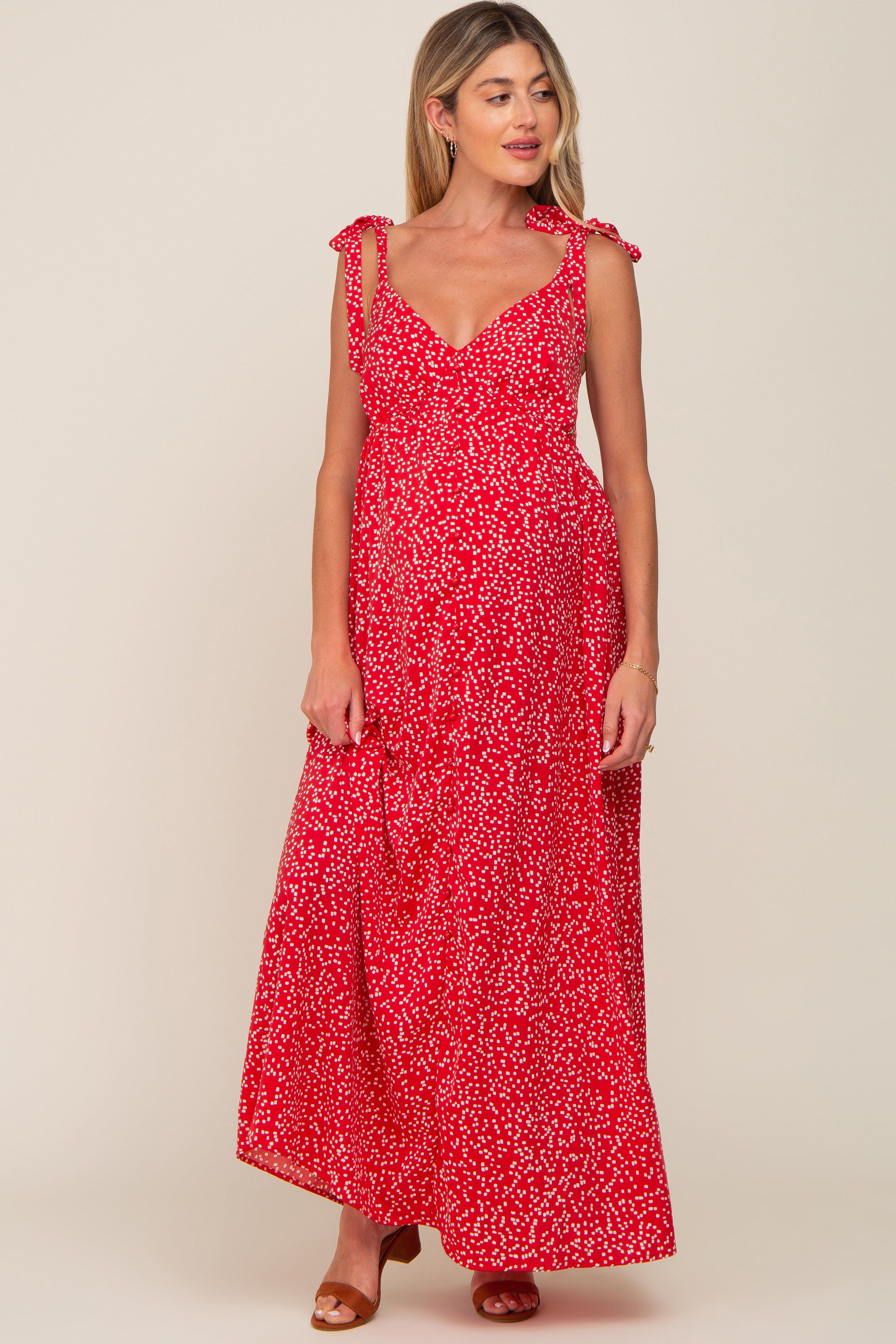 Red Button Front Tie Shoulder Maternity Maxi Dress sold by Pinkblush product image thumbnail 4