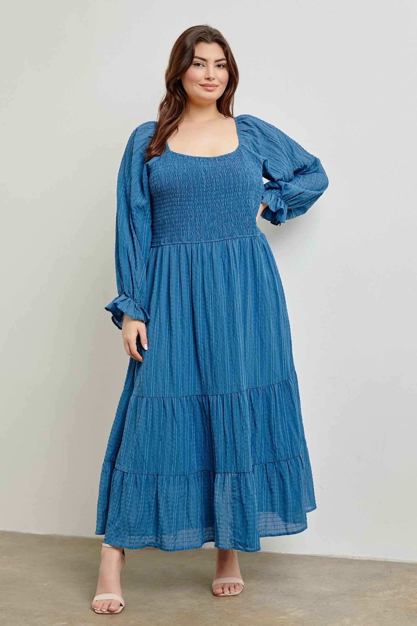 Blue Textured Stripe Smocked Square Neck Plus Midi Dress sold by Pinkblush