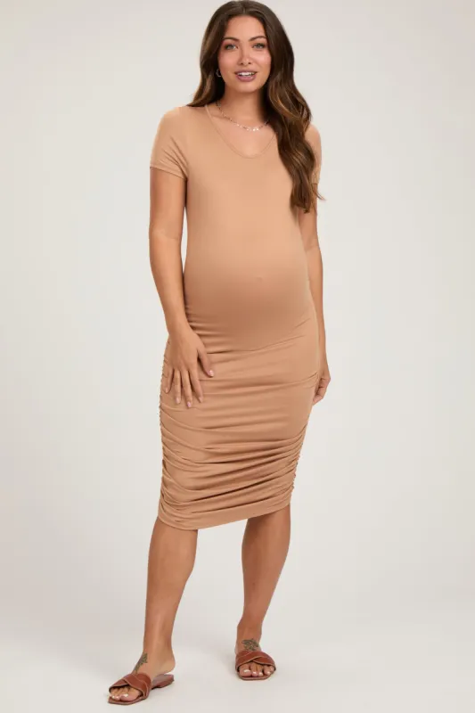 Beige Ruched Fitted Maternity Dress sold by Pinkblush