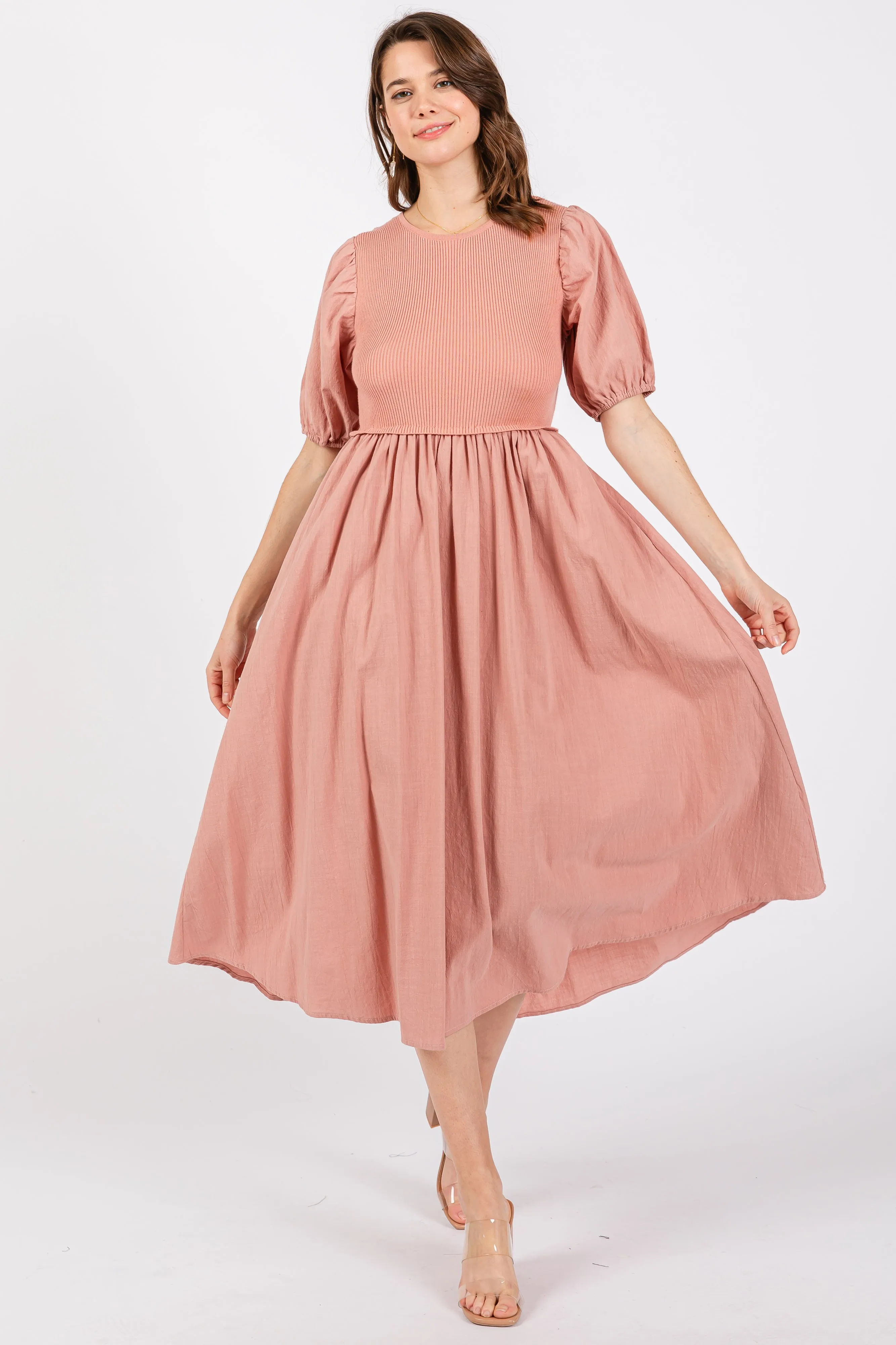 Peach Ribbed Bodice Puff Sleeve Midi Dress sold by Pinkblush