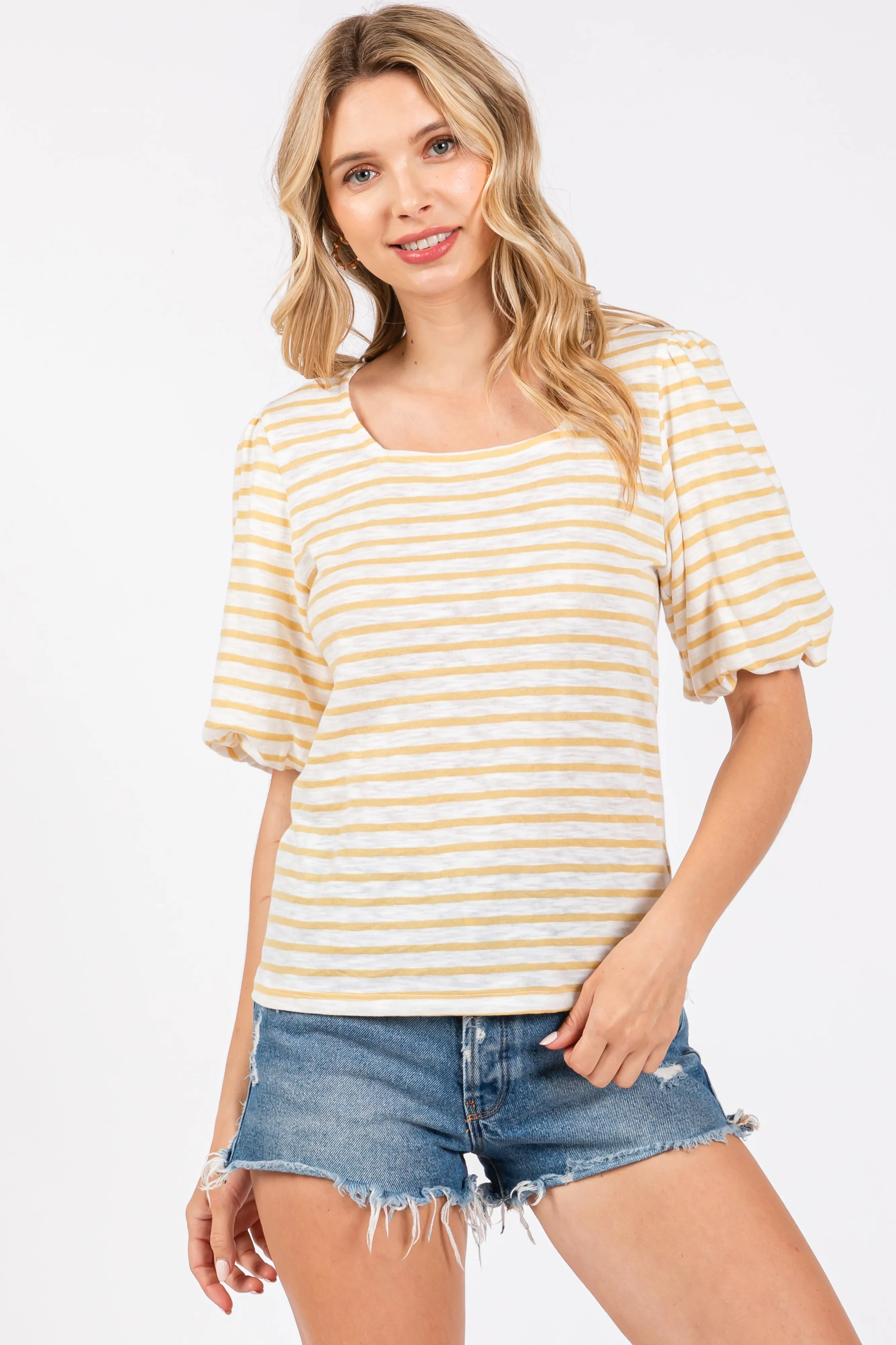 Yellow Striped Puff Sleeve Top sold by Pinkblush