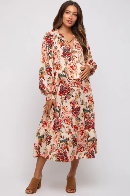 Cream Floral Ruffle Neck Tiered Maternity Midi Dress sold by Pinkblush
